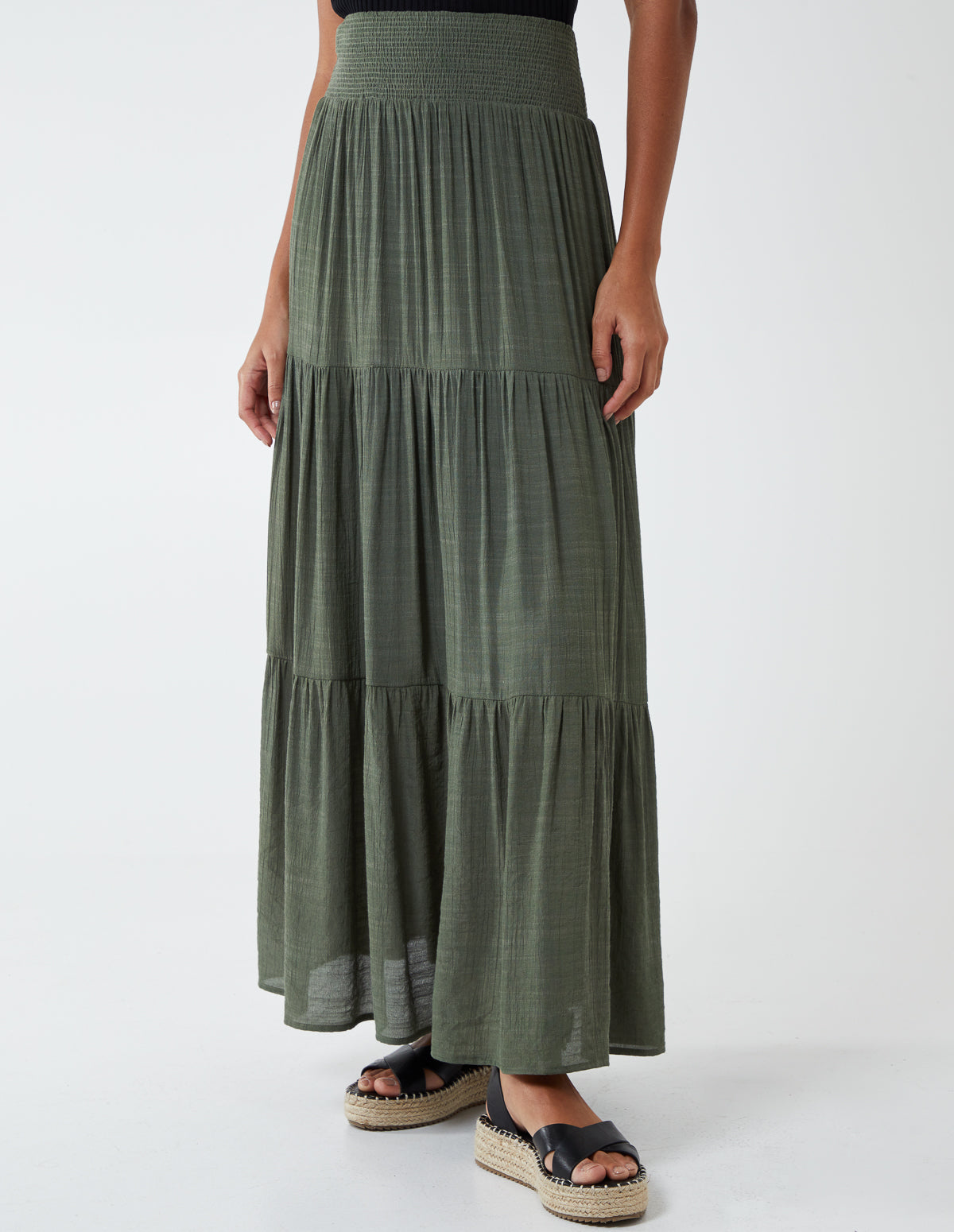 Shirring Waist Tiered Maxi Skirt 