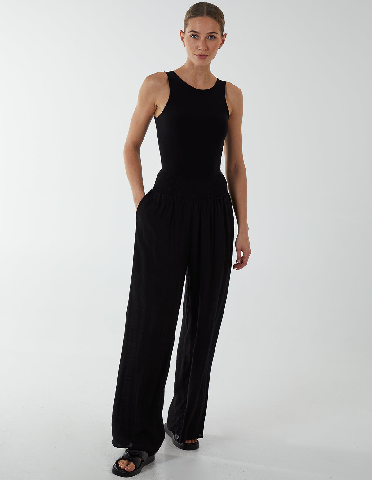 Shirring Waist Wide Leg Trousers 