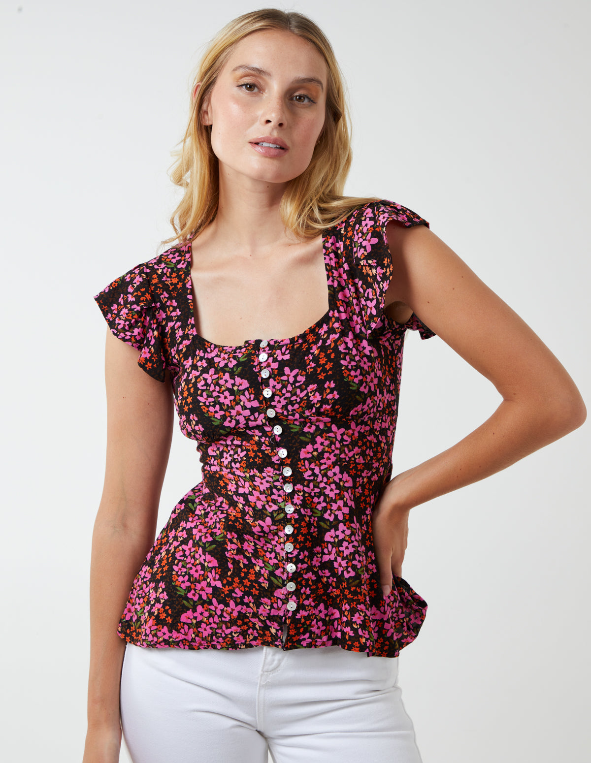 Button Front Peplum Top 