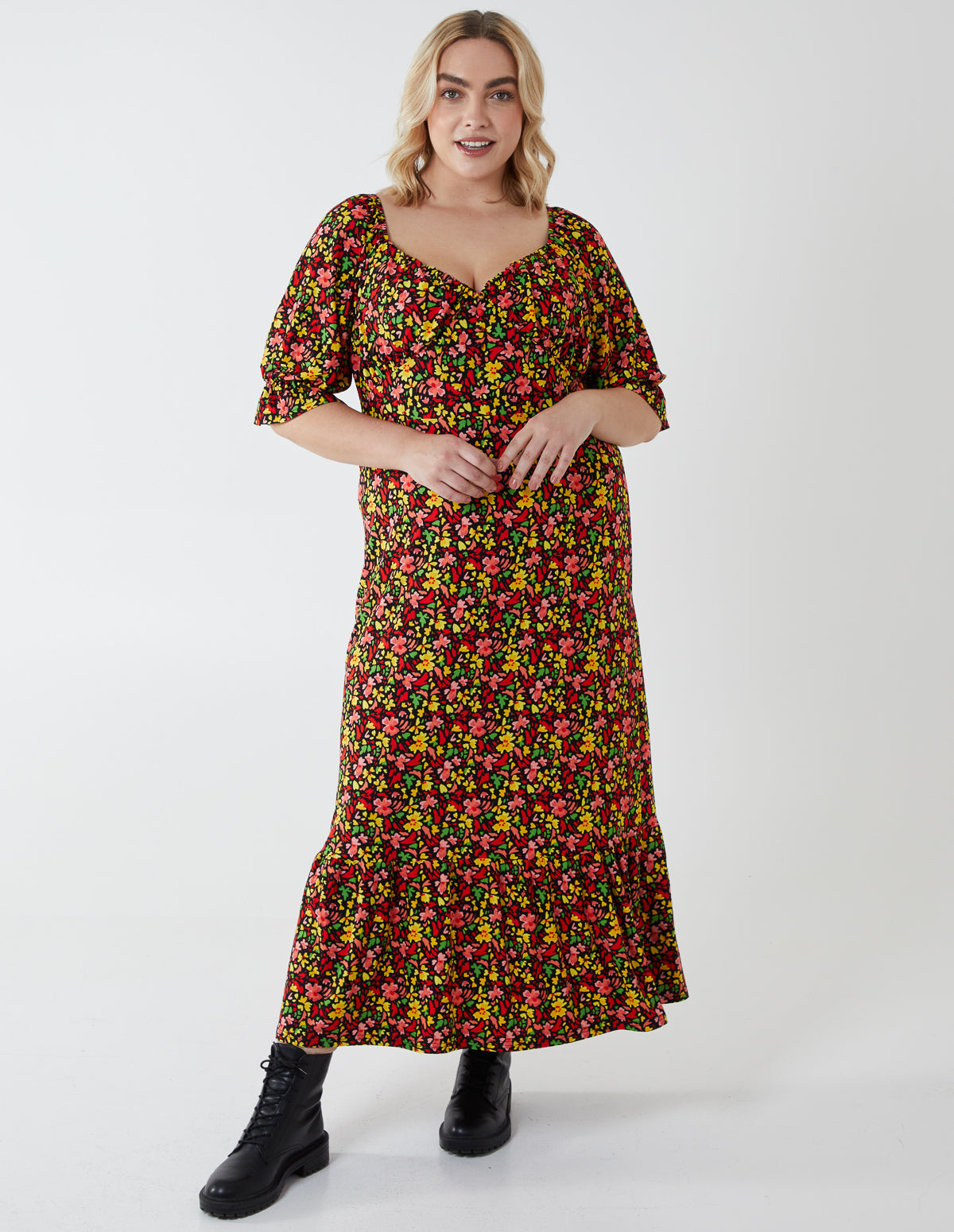 Curve Multi Floral Midi Smock Dress 