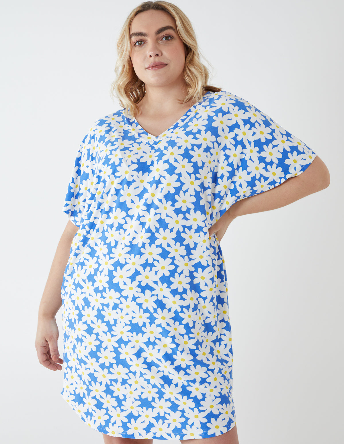 FRAN - Curve Double V Neck Blue Tunic 