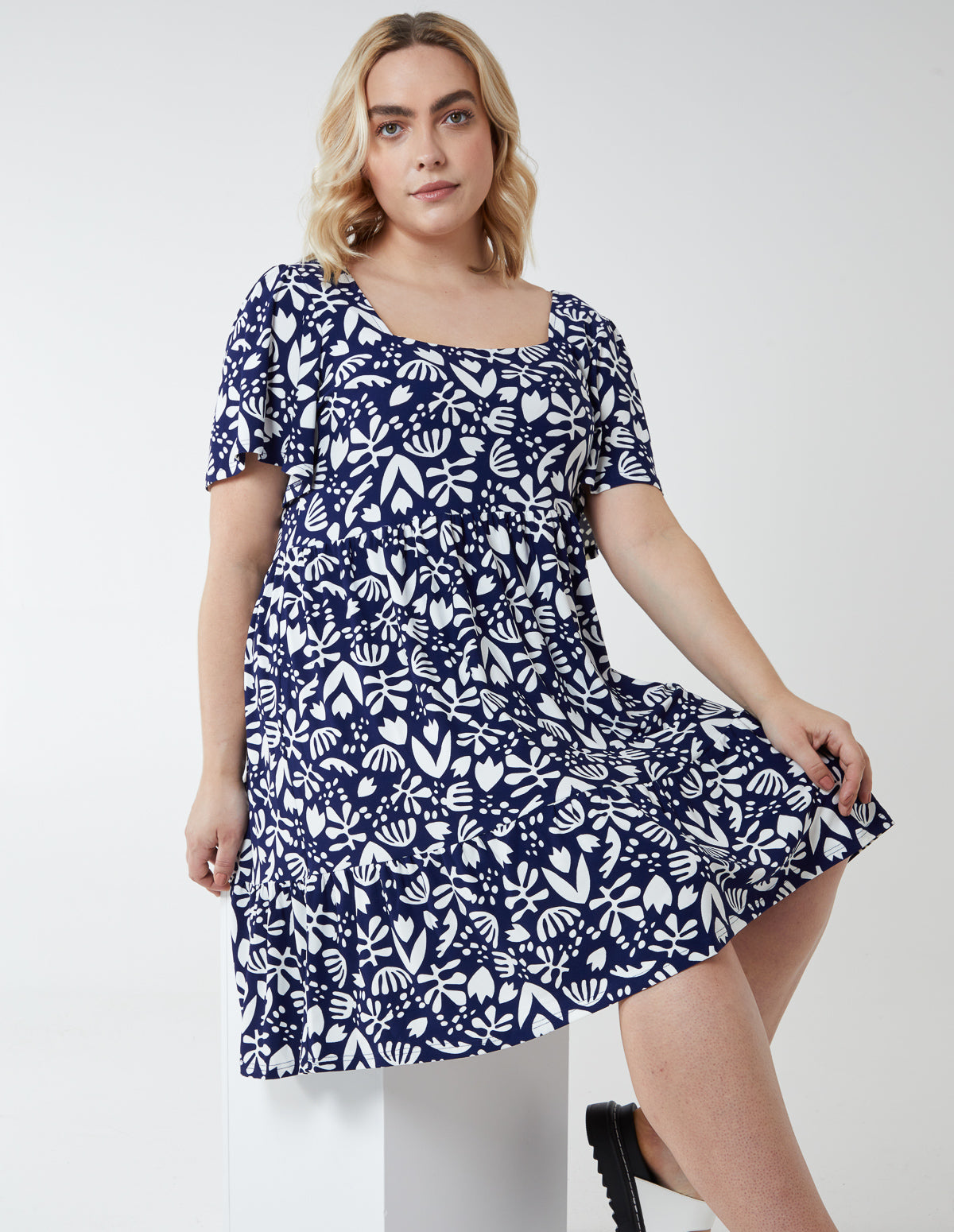 EZMAE - Curve Angel Sleeve Smock Navy Dress 