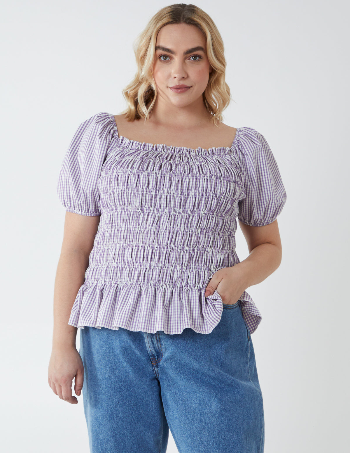 Curve Puff Sleeves Shirring Top 