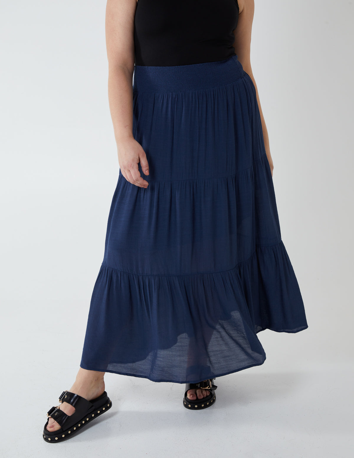 HALIMA - Curve Tiered Shirred Maxi Navy Skirt - 18/20 / NAVY