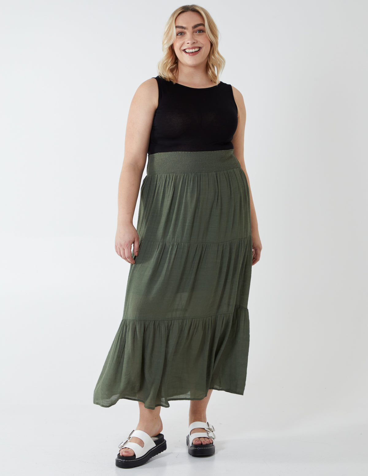 HALIMA - Curve Tiered Shirred Maxi Khaki Skirt - 18/20 / KHAKI