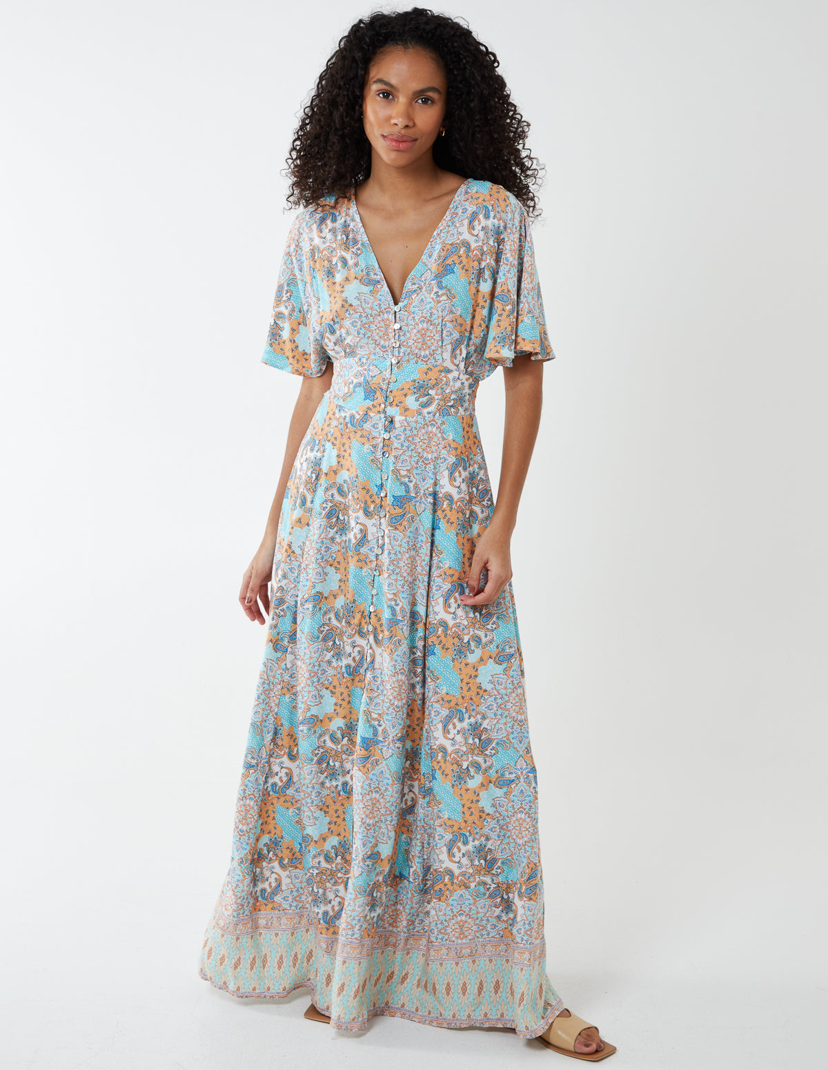 KAYLA - Button Front Angel Sleeve Maxi Dress 