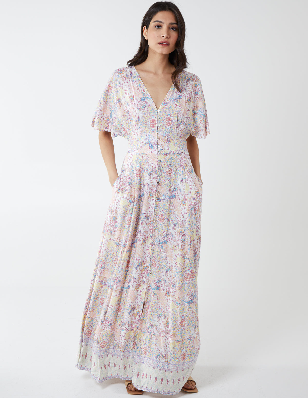 Button Front Angel Sleeve Maxi Dress 