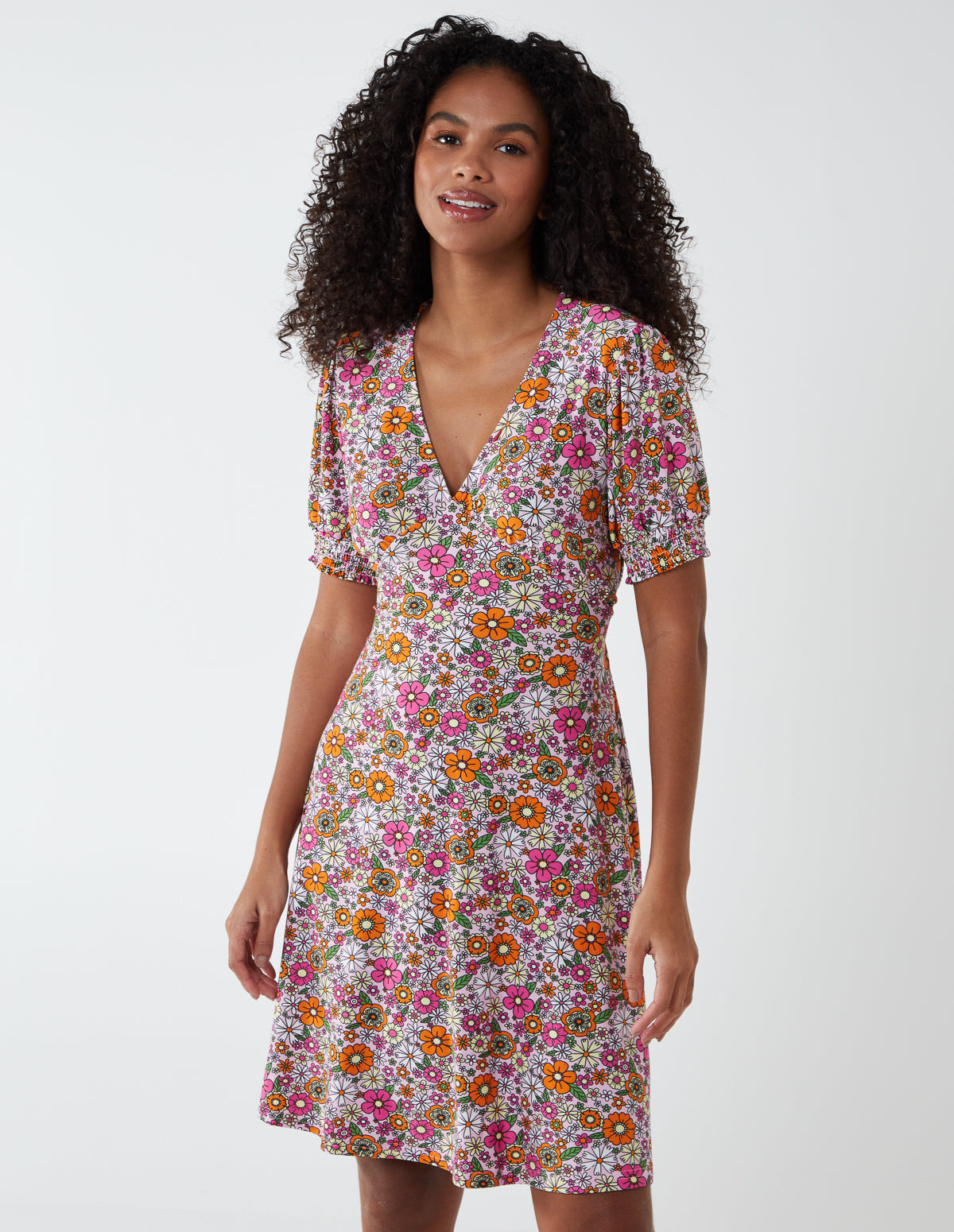 Shirring Cuff Tea Dress 