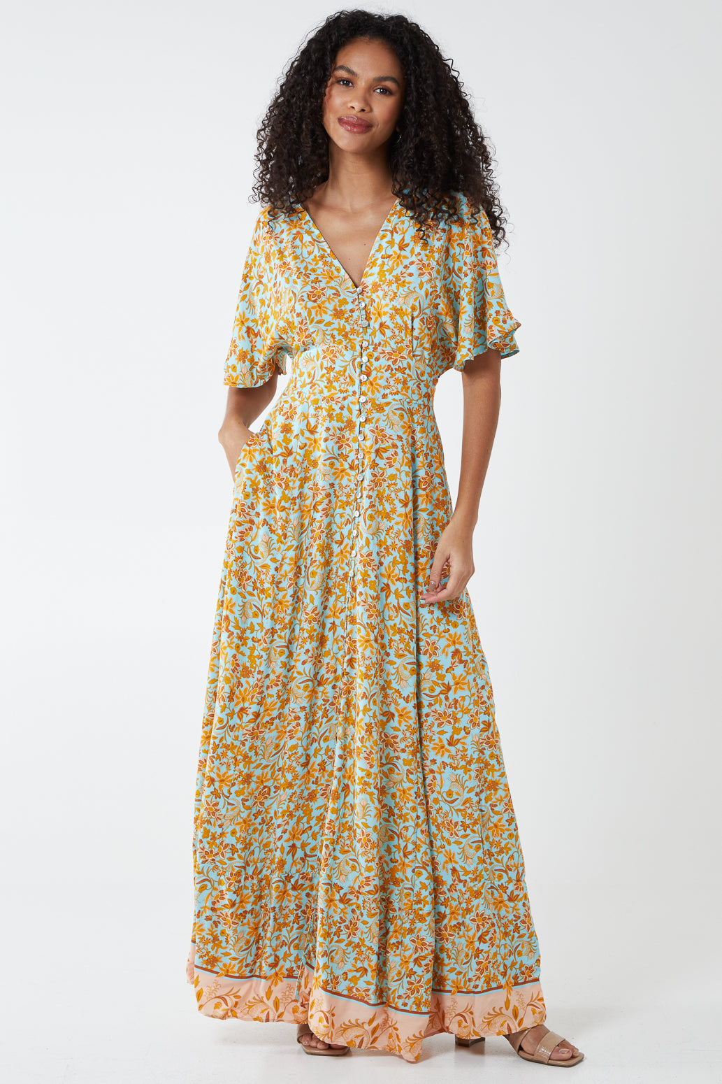 Button Front Short Sleeve Maxi Dress 