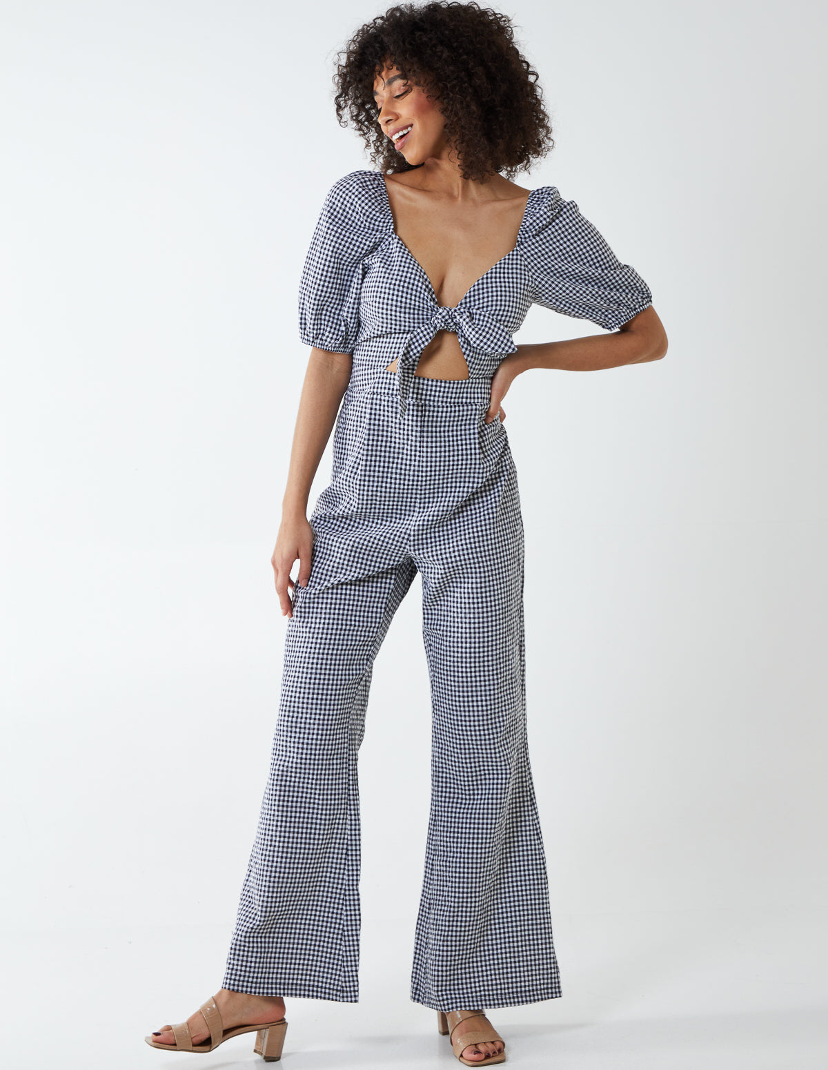 EDIE - Gingham Tie Front Long Sleeve Jumpsuit 