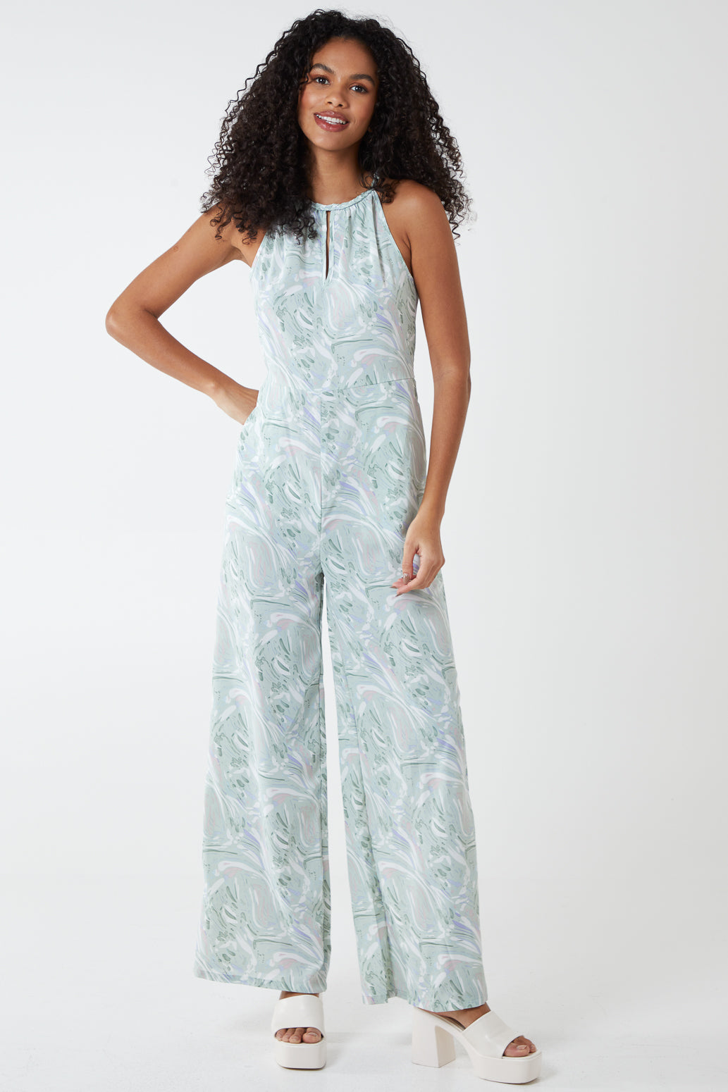 MICHELLE - Abstract Print Halter Neck Culotte Jumpsuit 