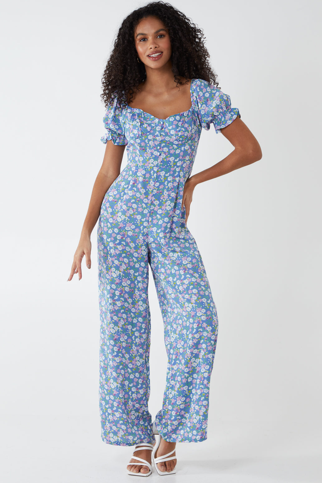 LILY - Floral Puff Sleeve Button Front Jumpsuit 