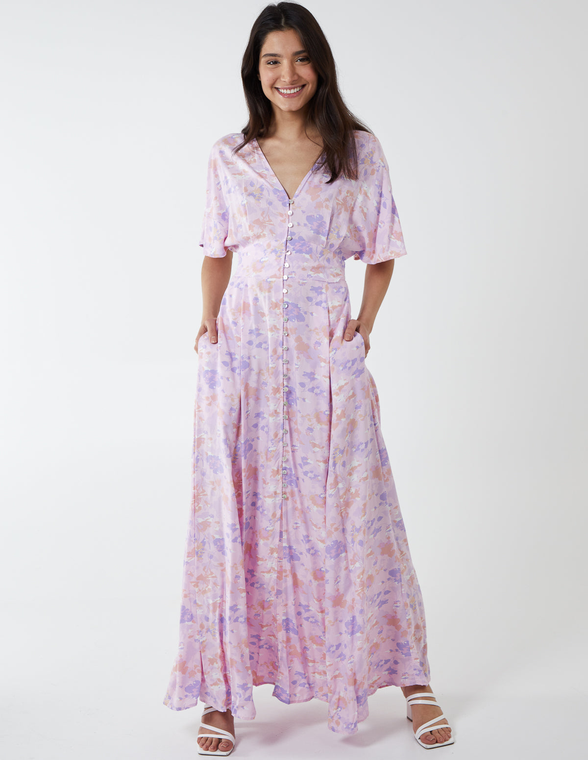 Button Through Angel Sleeve Maxi Dress 