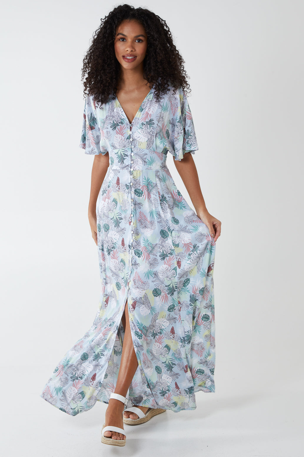 KAYLA - Tropical Leaf Button Through Maxi Dress 