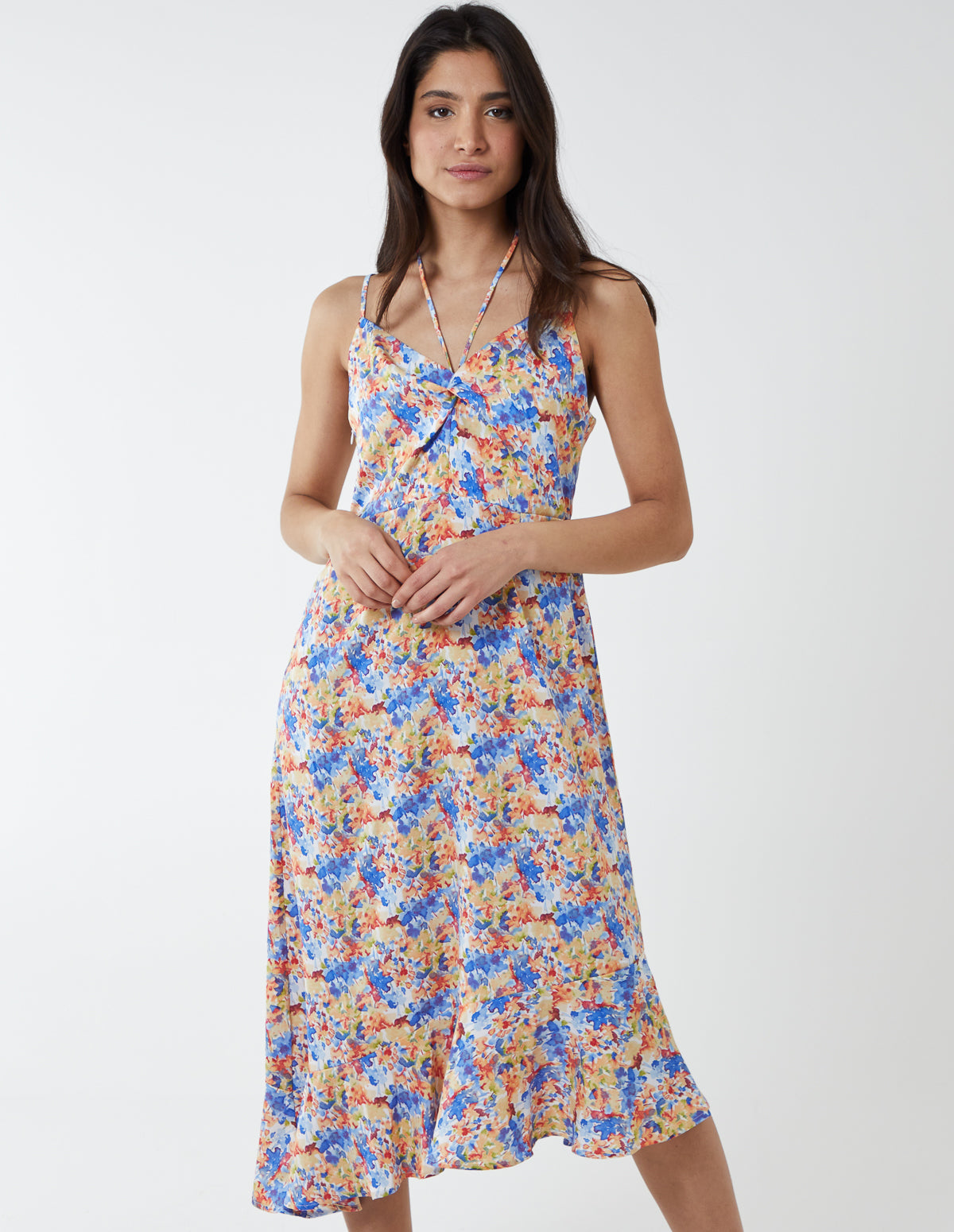 Twist Front Floral Print Midi Dress 