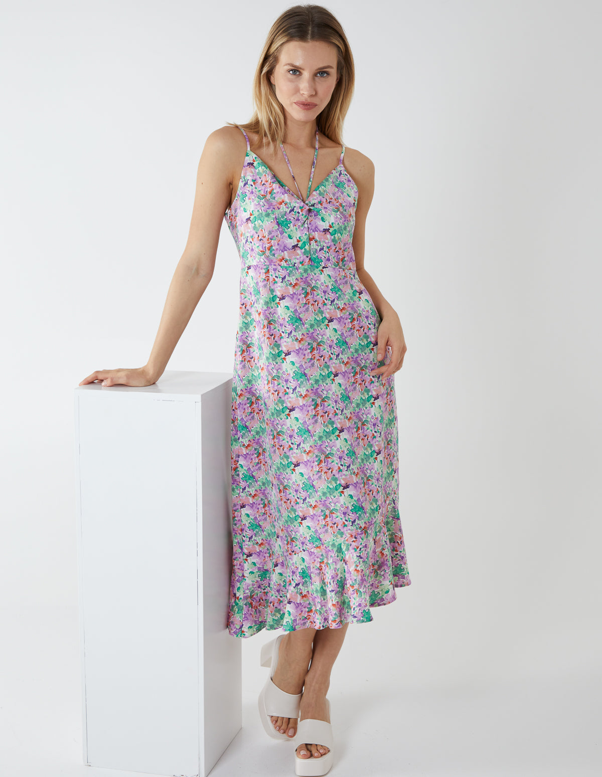 Twist Front Floral Print Midi Dress - 10 / Lilac