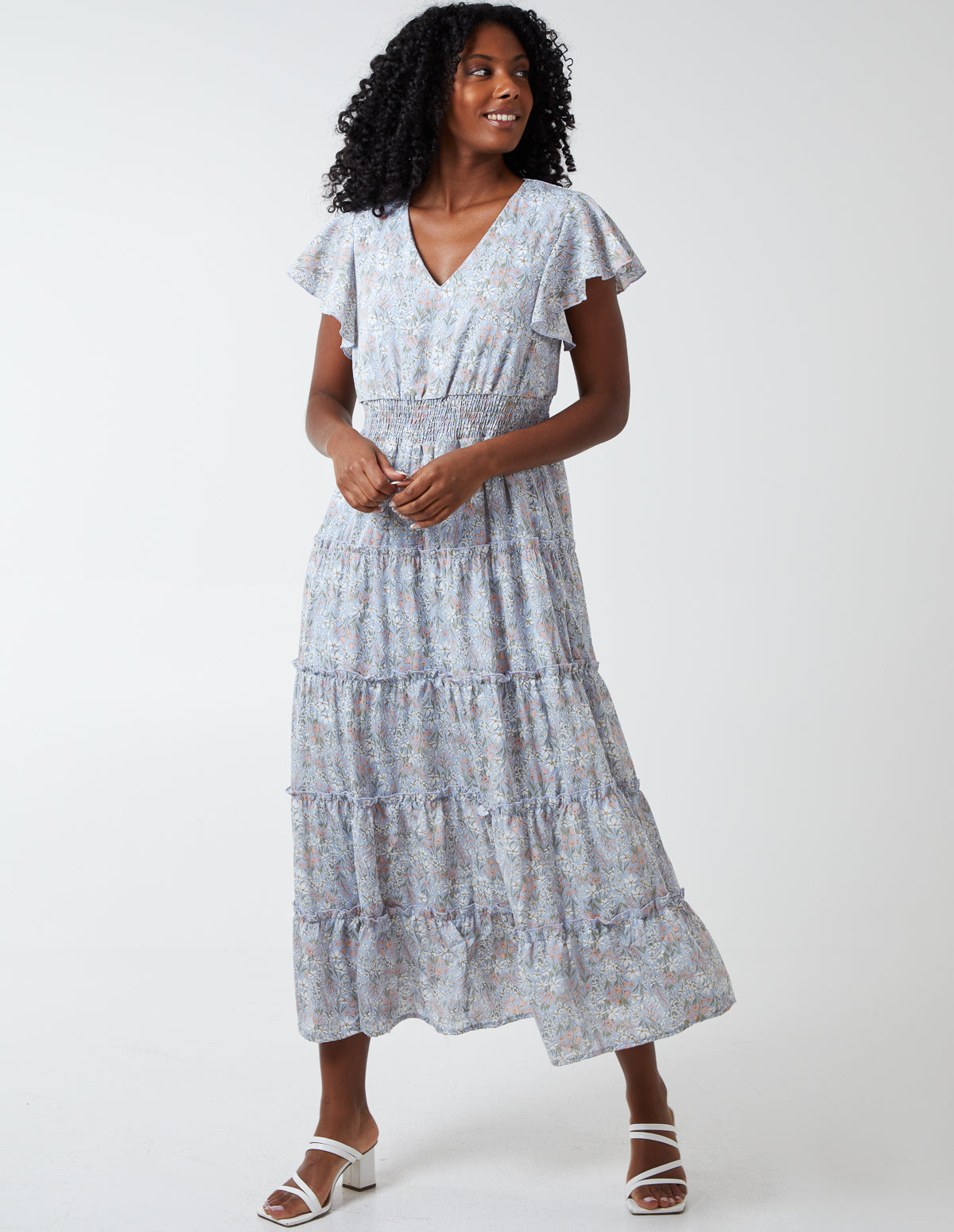 Shirred Waist Tiered Blue Midi Dress 