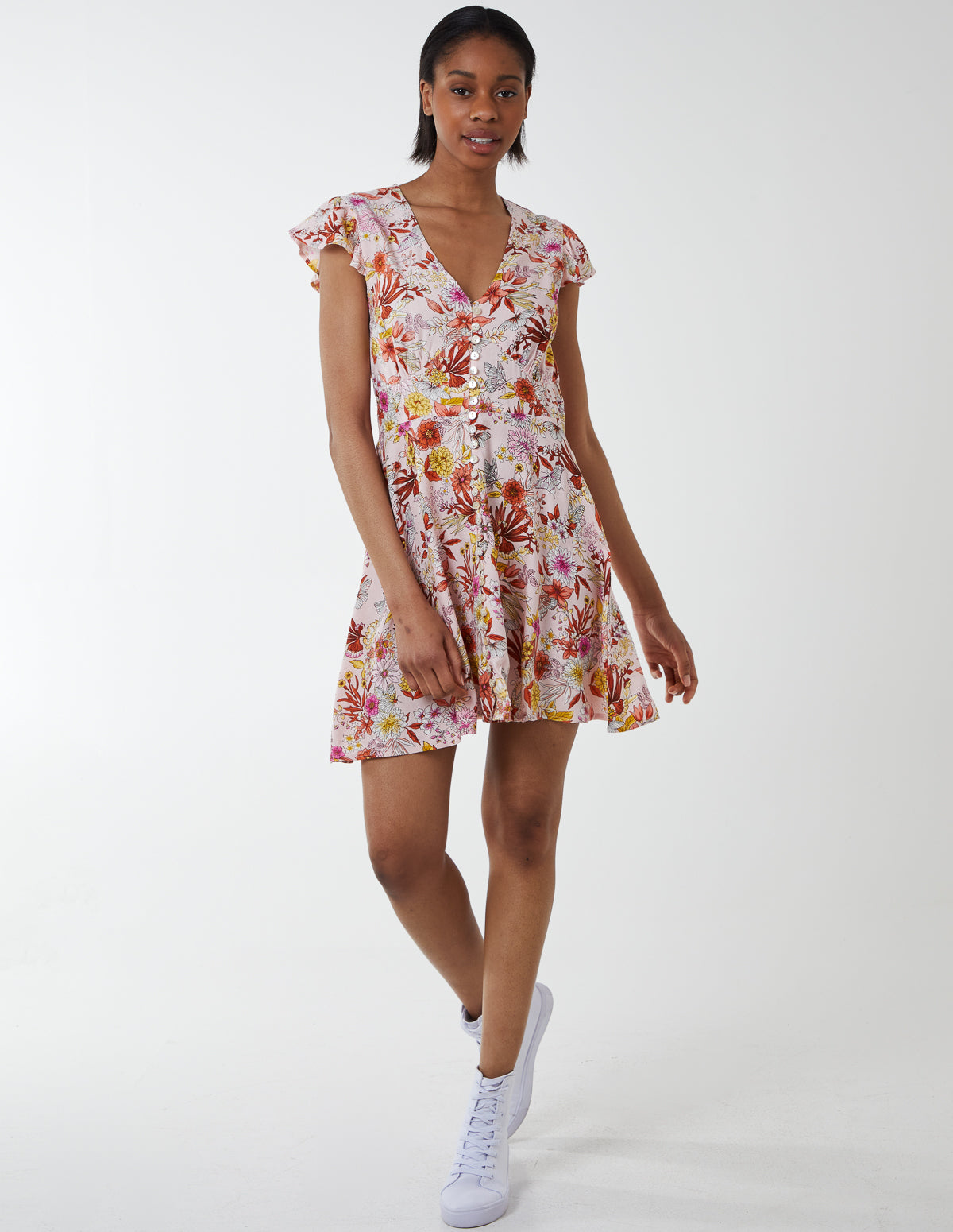 Frill Sleeve Button Front Floral Mini Dress 