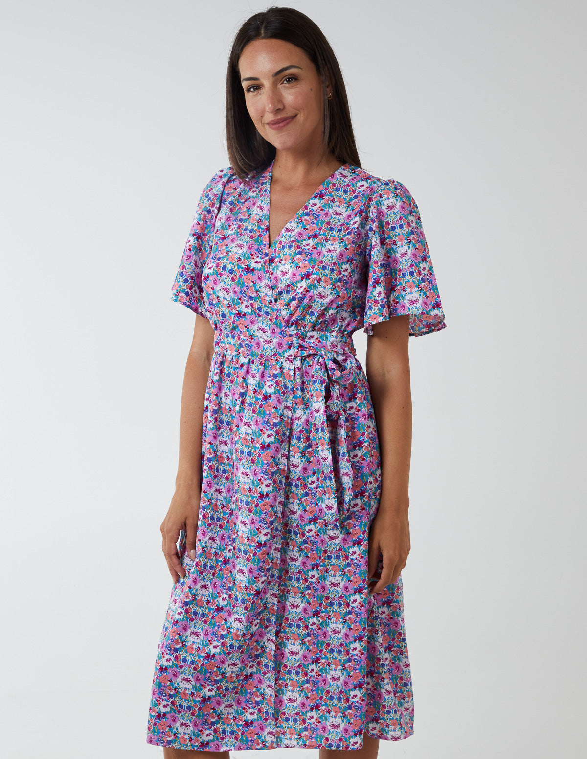 ELEANOR - Floral Angel Sleeve Midi Dress 