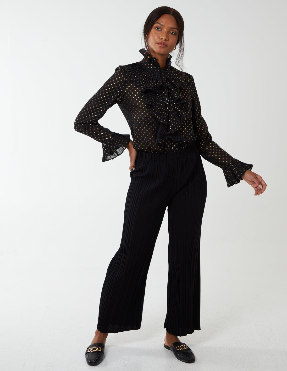 Gold Dots Pleated Frill Shirt - L / BLACK