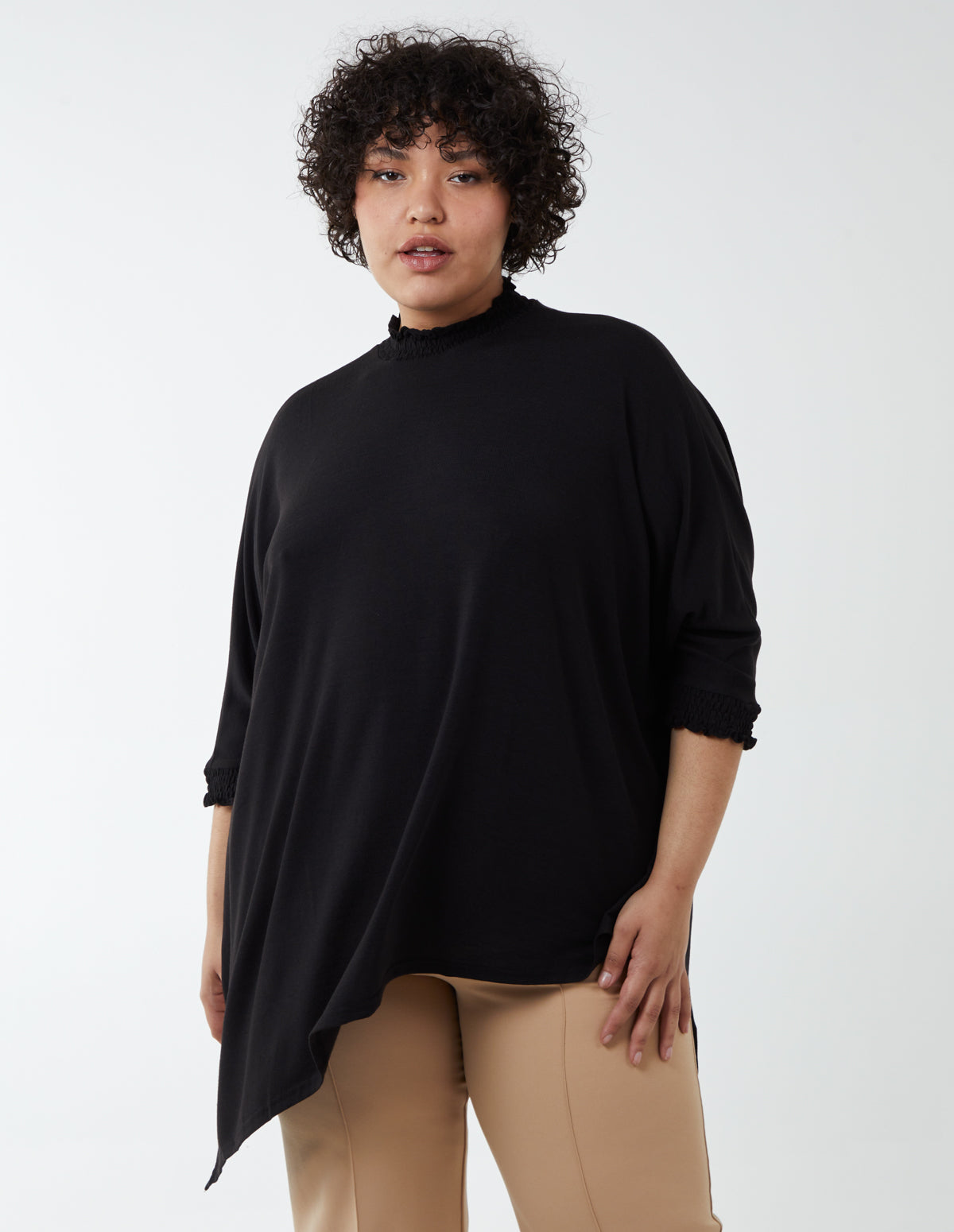 Curve Asymmetric Top With Shirred Collar 