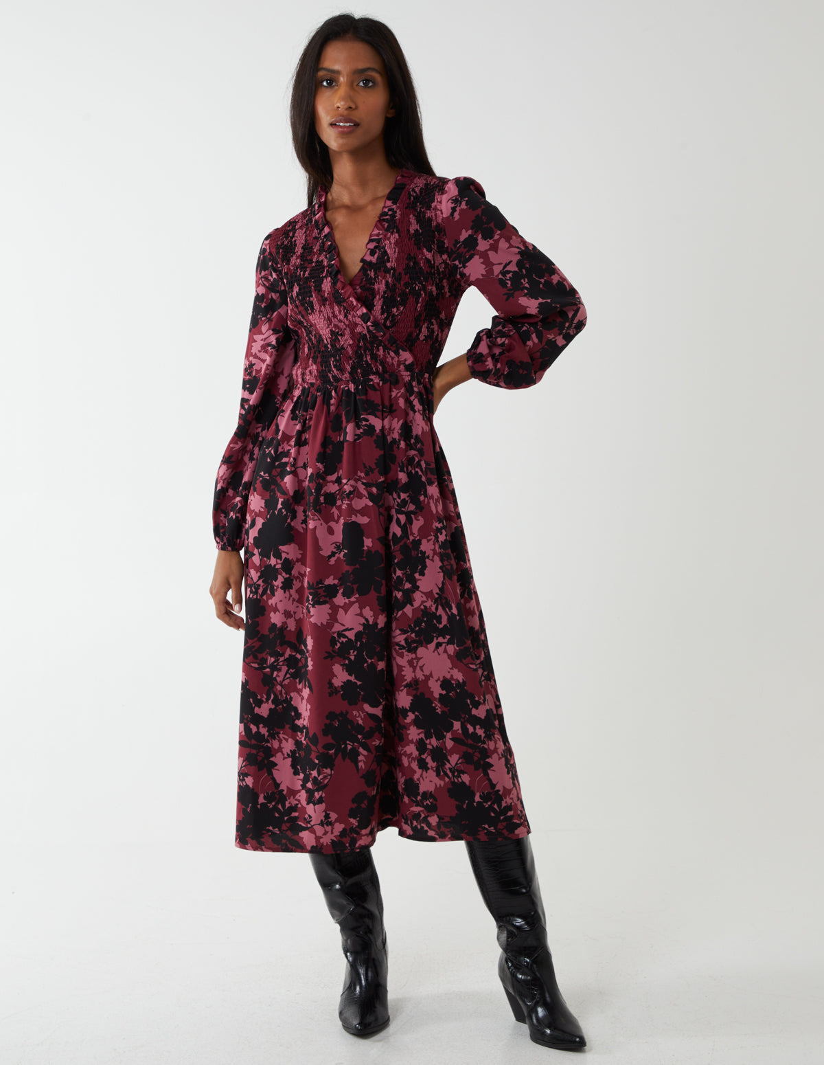 Shirred Bust Wrap Midi Dress - 14 / BURGUNDY