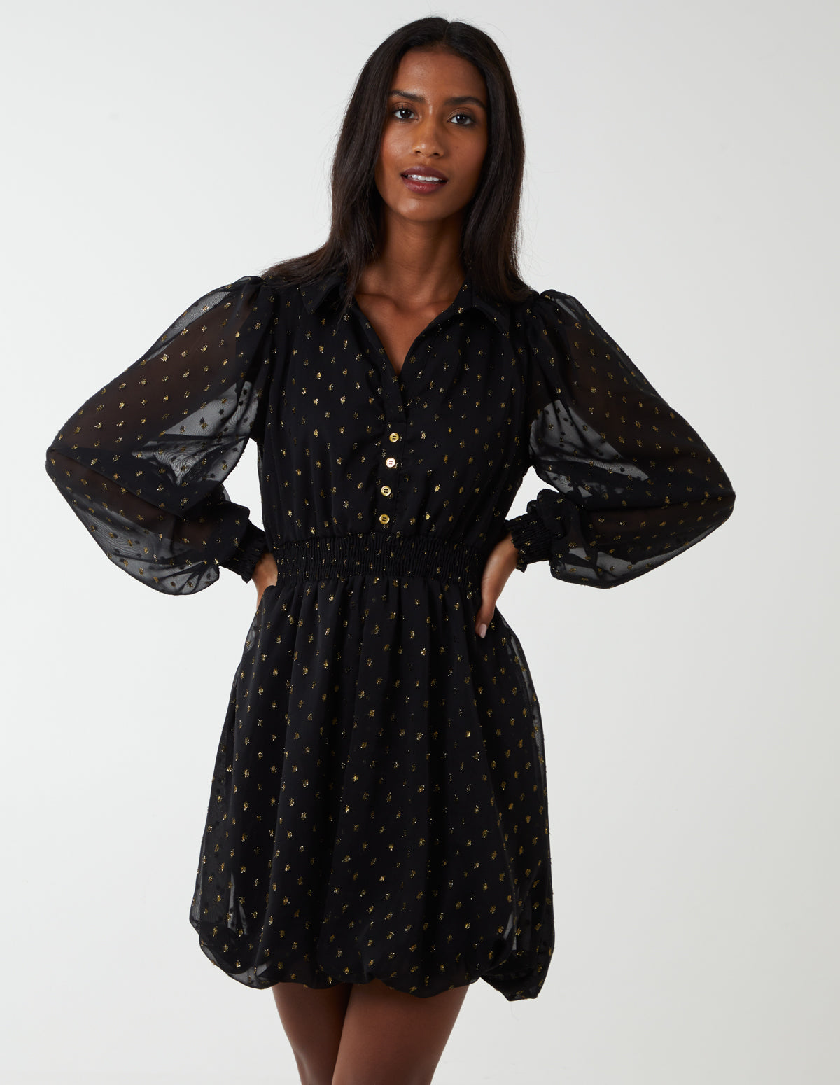 Shirred Waist & Puff Hem Shirt Dress 