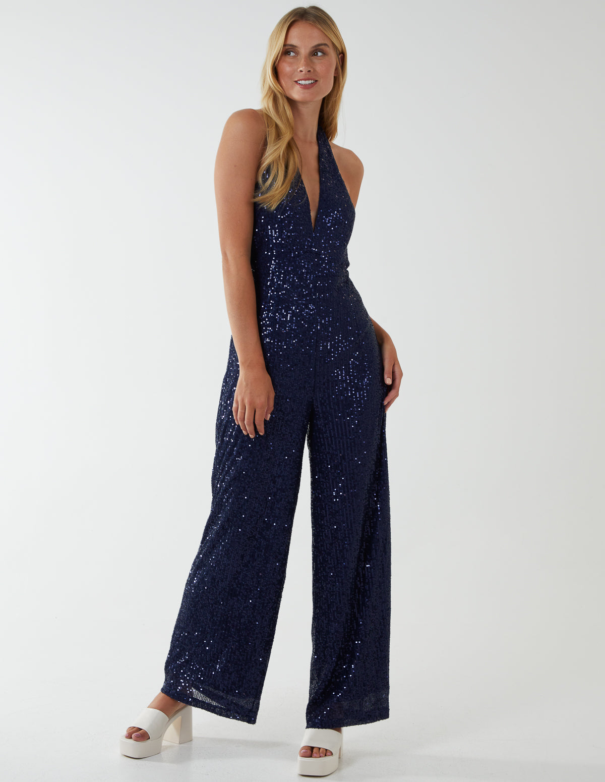 Halter Neck Plunge Jumpsuit - 10 / NAVY