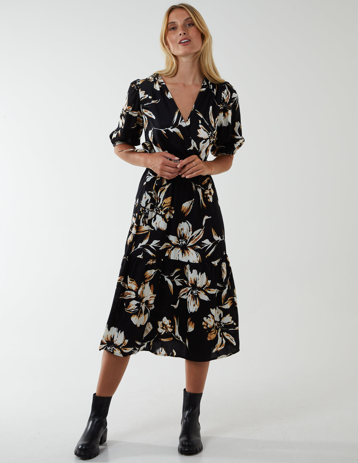 Wrap Front Tier Hem Midi Dress 