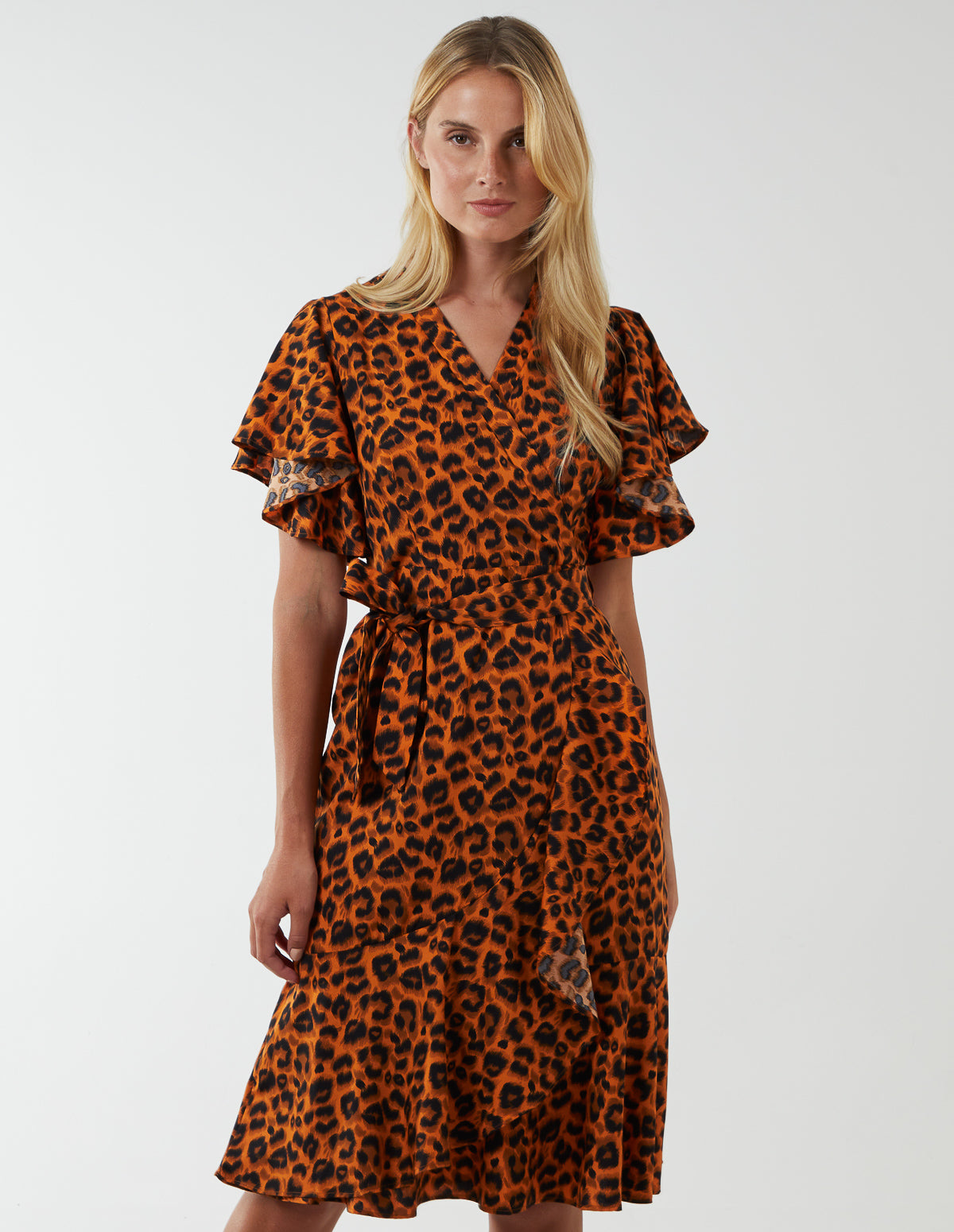 Leopard Print Wrap Ruffle Midi Dress - 8 / Rust