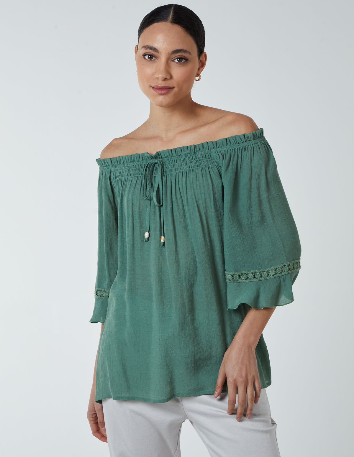 Bardot Tie Front Top - M / LIGHT KHAKI