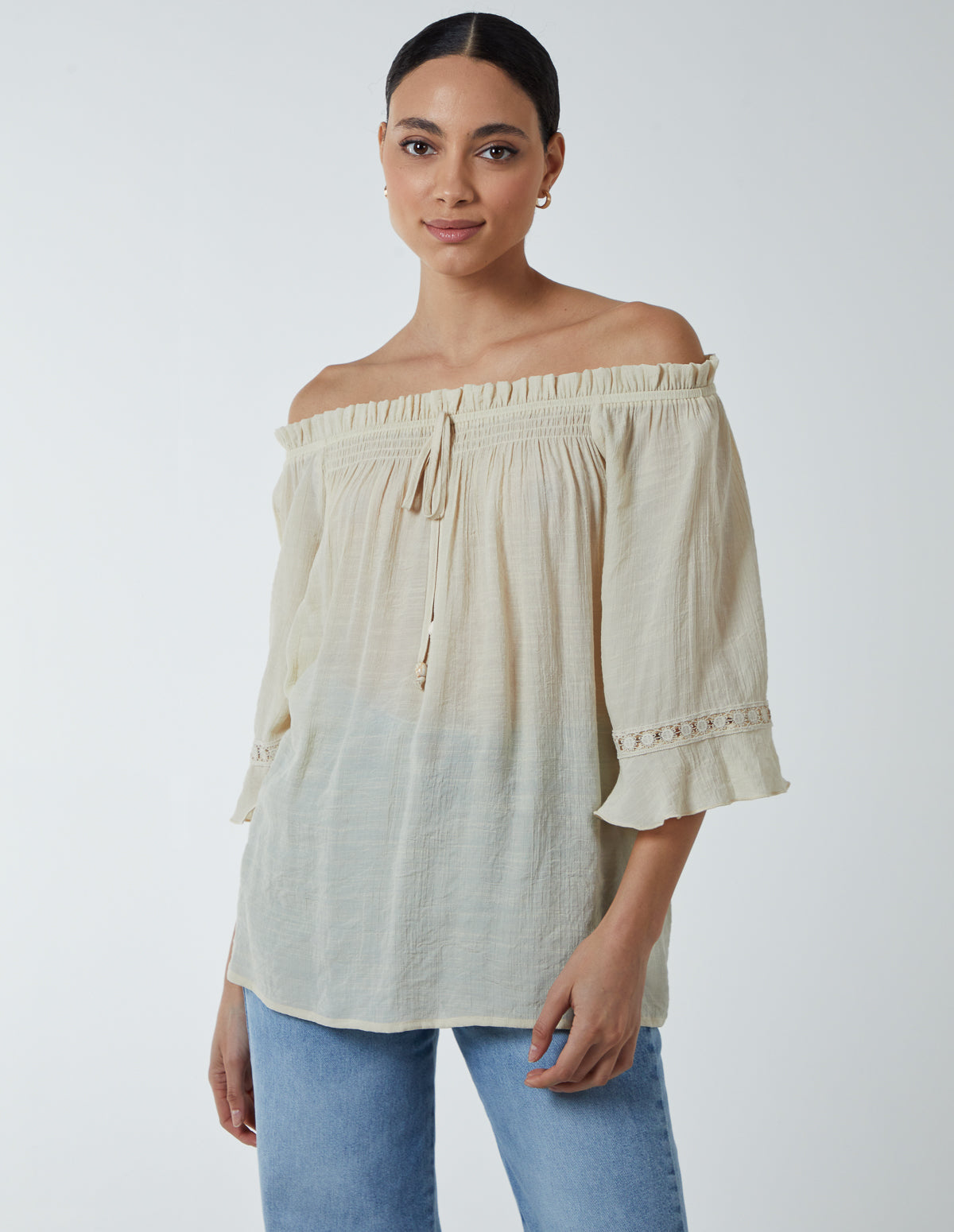 Bardot Tie Front Top - S / STONE