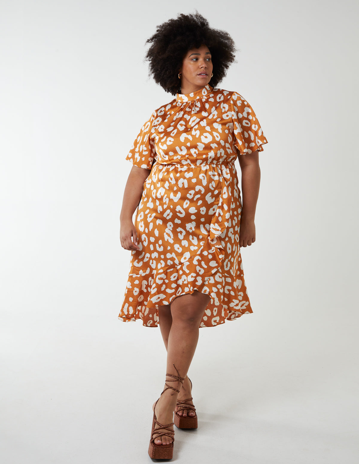 Curve Angel Sleeve Wrap Ruffle Midi Dress - 22 / ORANGE