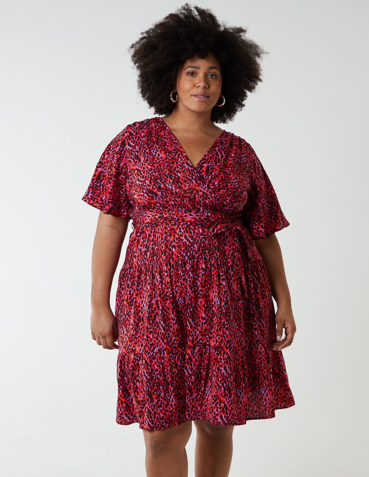 Curve Wrap Front Tier Hem Angel Sleeve Dress 