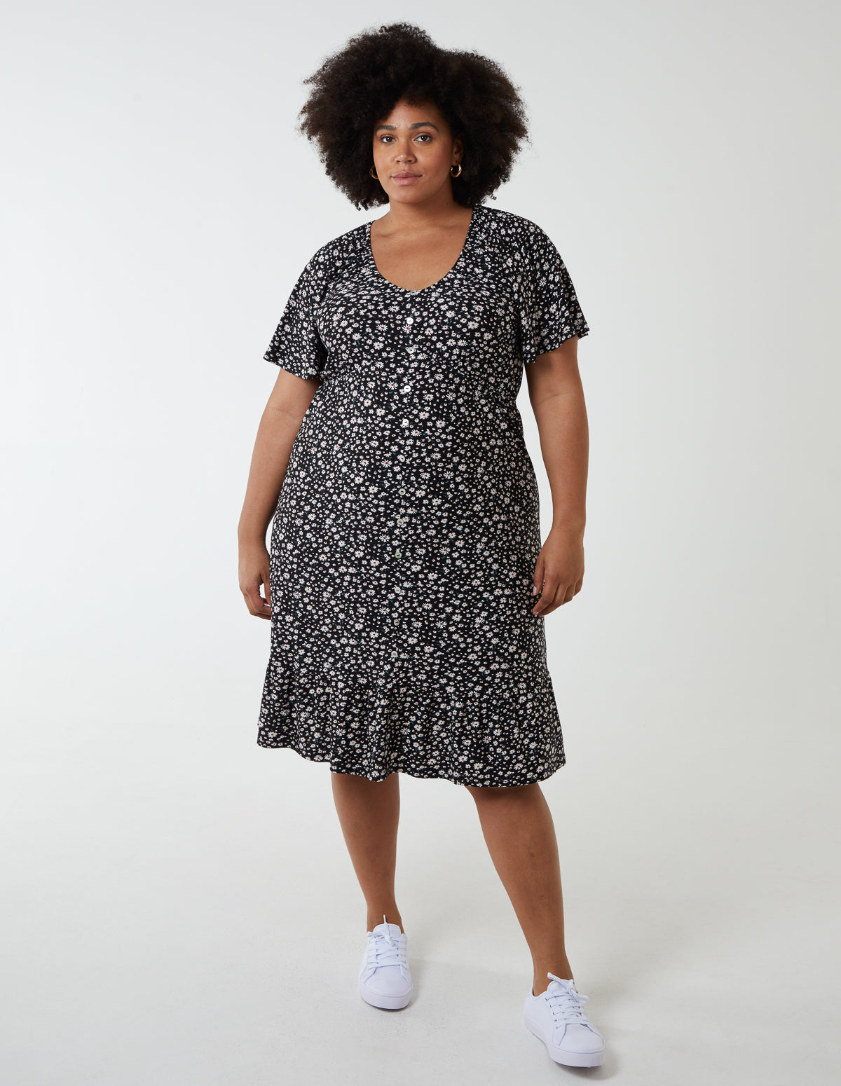 Curve Trapeze Button Through Raglan Mini Dress - 20 / BLACK