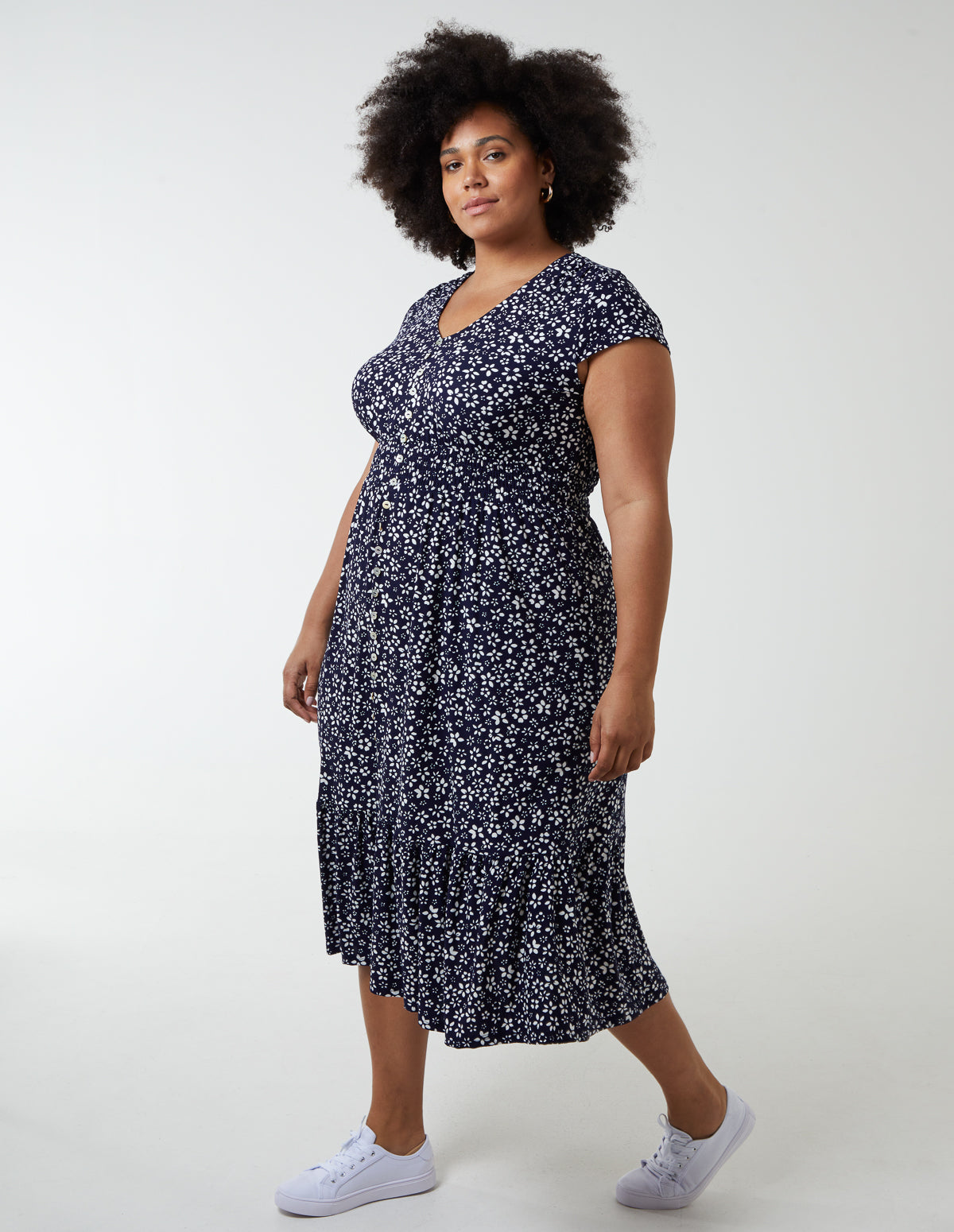 Curve Button Through Midi Dress - 24 / NAVY