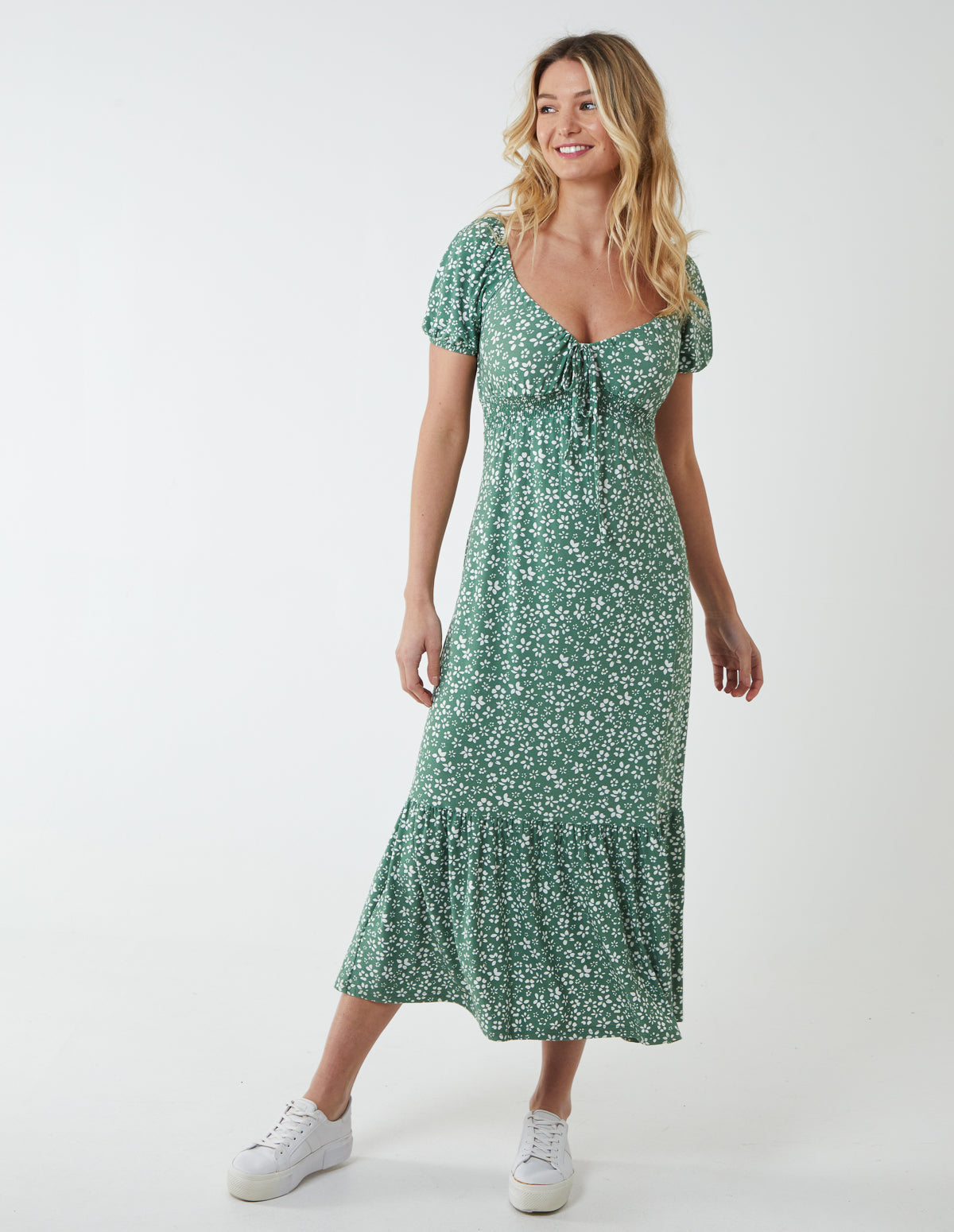 Shirred Milkmaid Sweetheart Midi Dress 