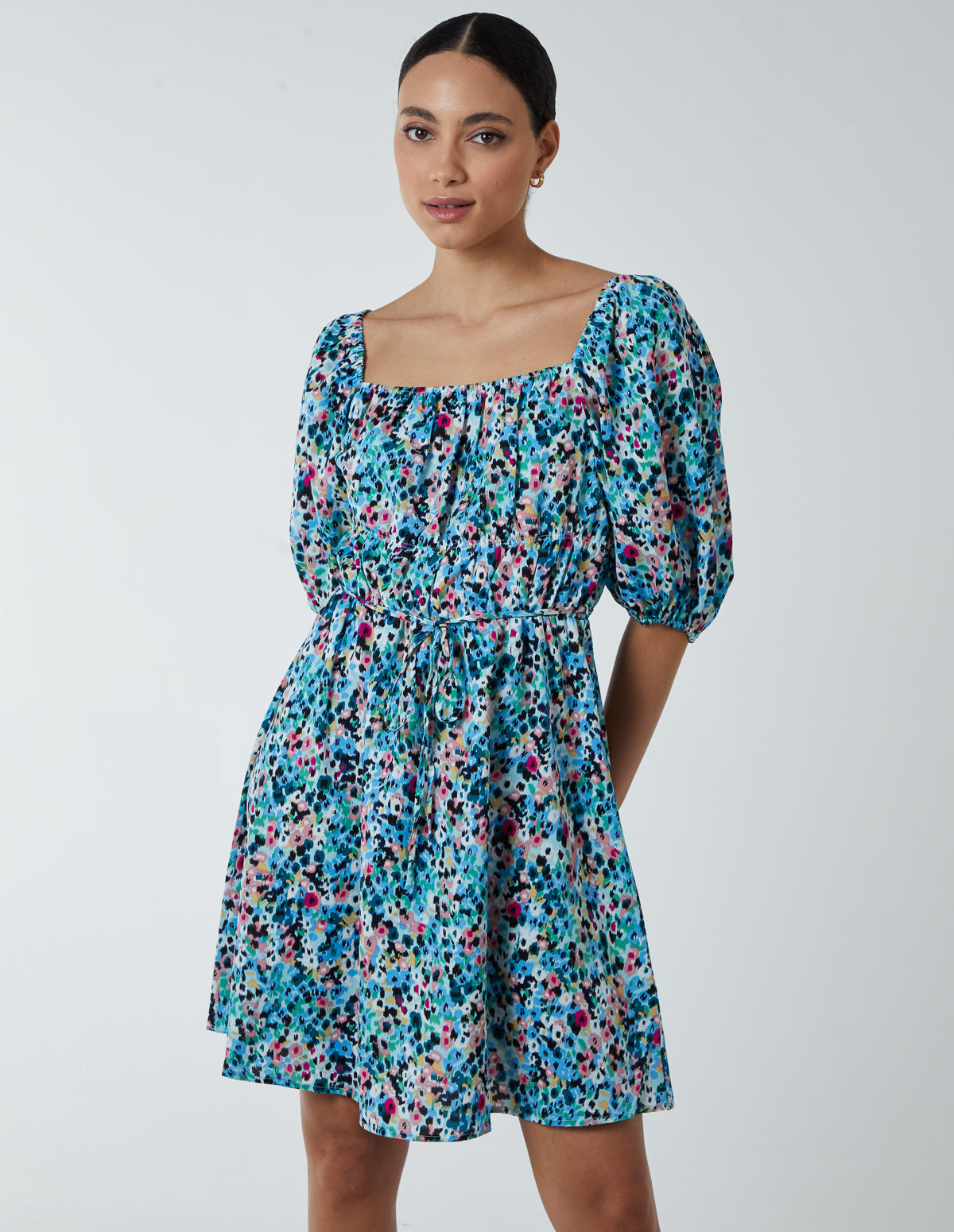 Square Neck Milkmaid Puff Sleeve Mini Dress - 8 / Turquoise (BLUE VANILLA)