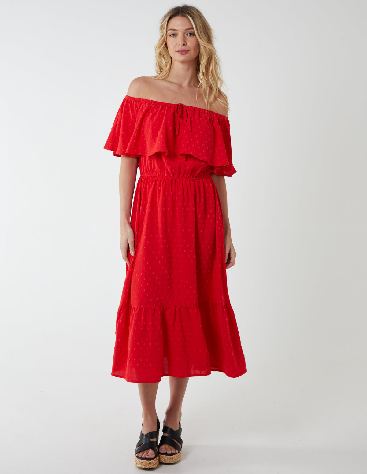 Ruffle Bardot Midi Dress - 10 / RED