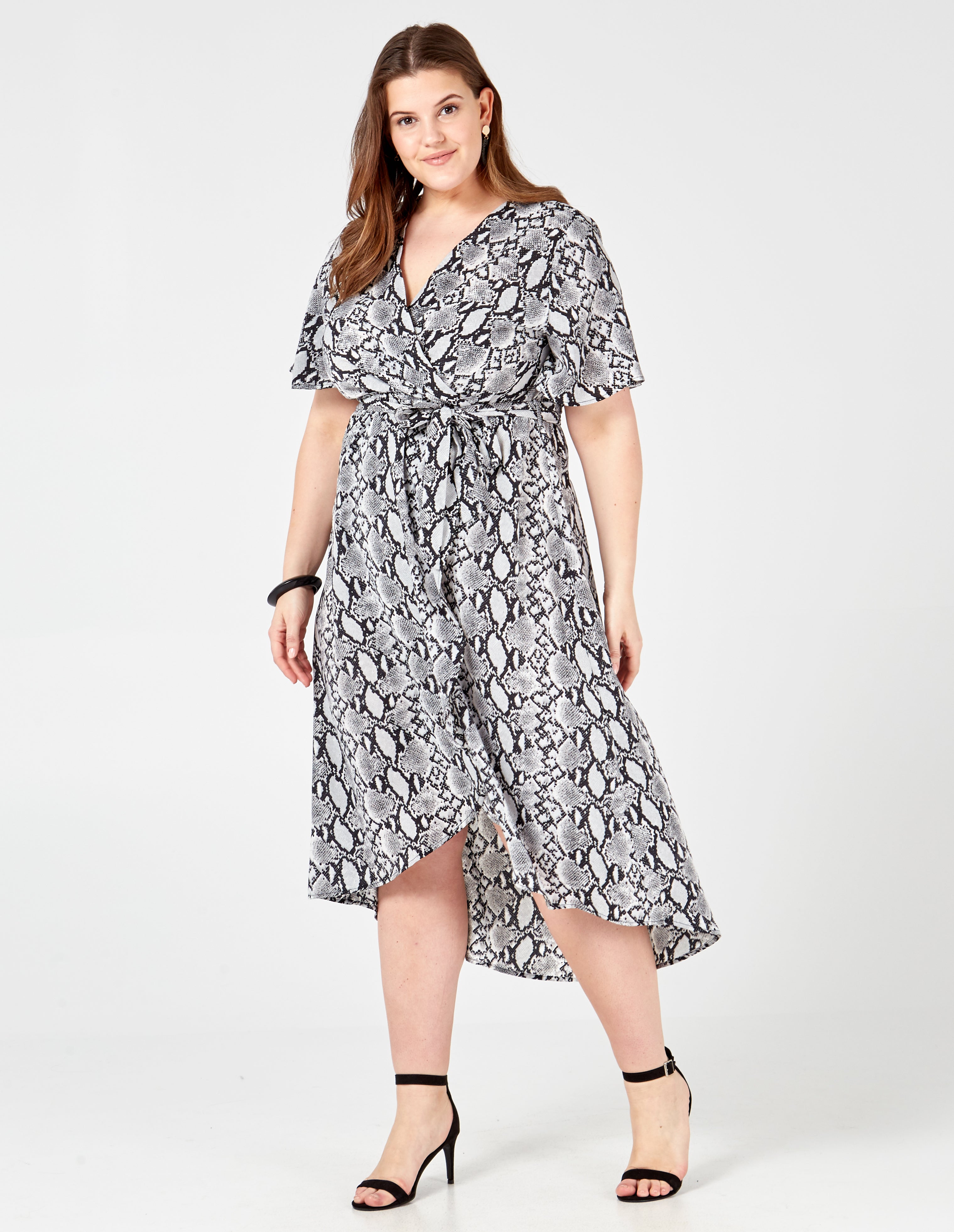 KATIE - Curve Snake Skin Printed Wrap Dress - 22/24 / GREY