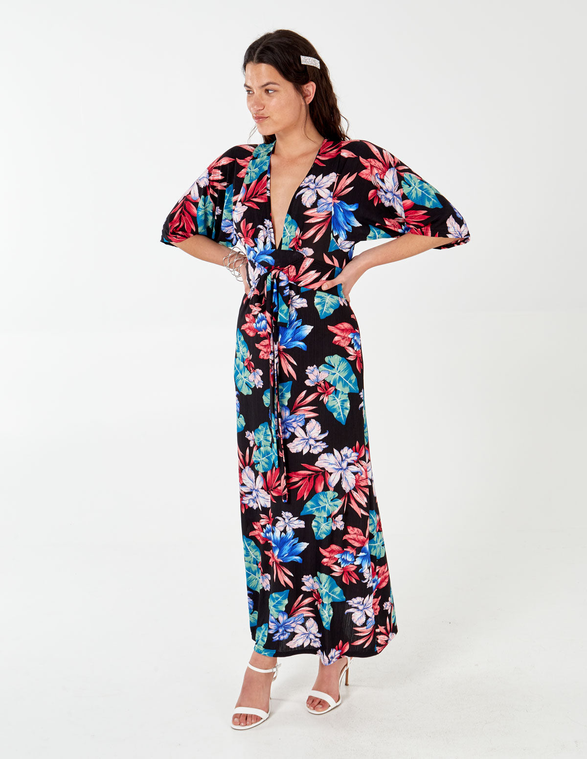 BERRY - Black Kimono Sleeve Tie Maxi Dress - 8 / black