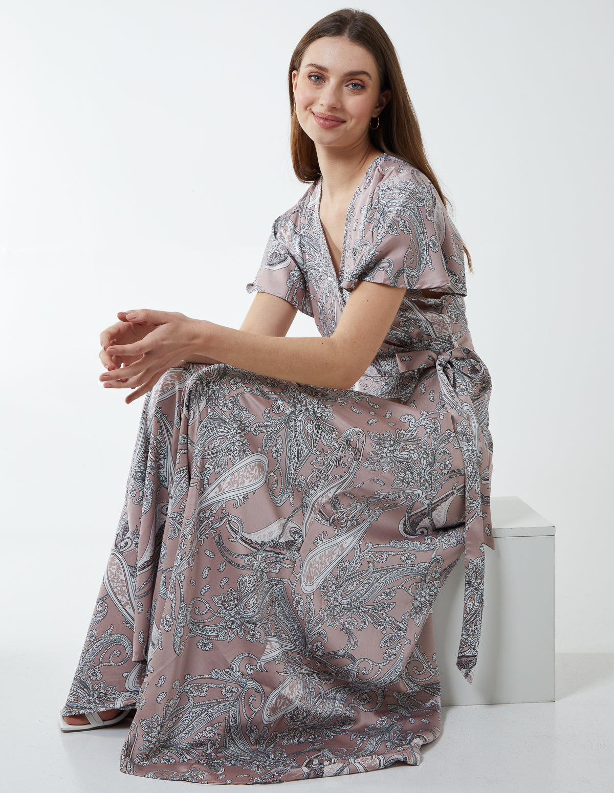 KIM - Enlarged Paisley Kimono Wrap Maxi Dress - 8 / PINK