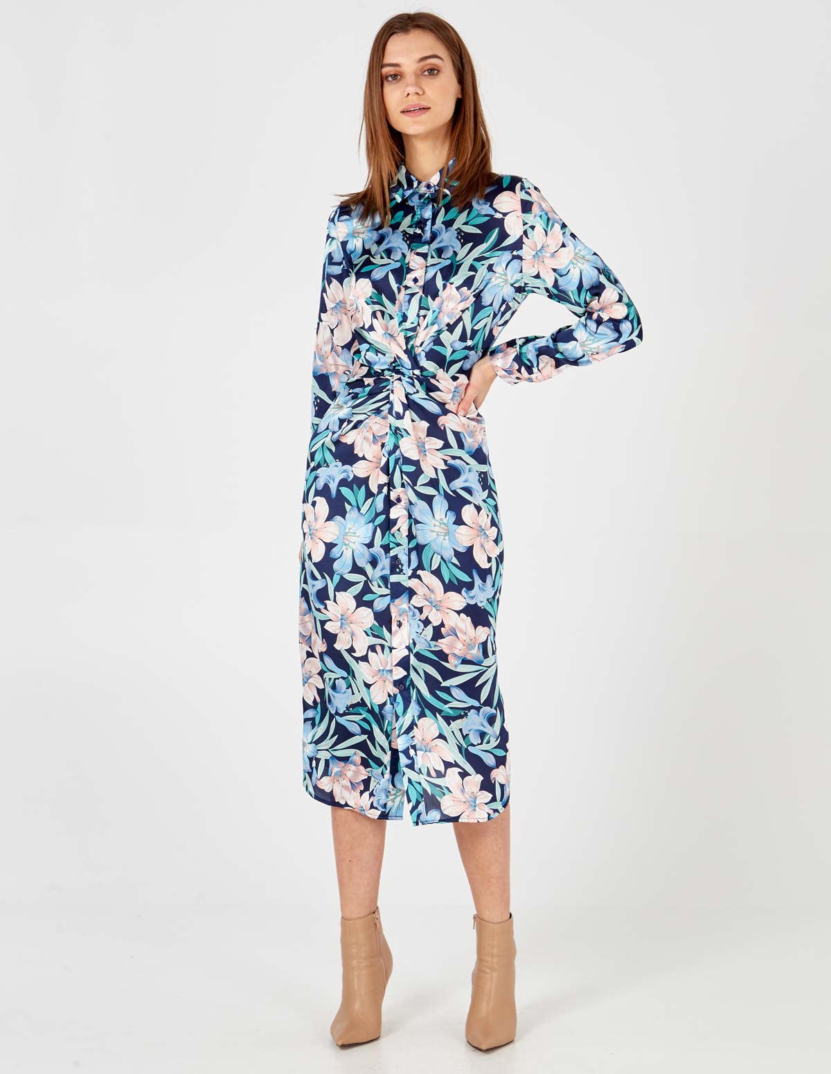 BATHILDA - Navy Knot Front Midi Shirt Dress 