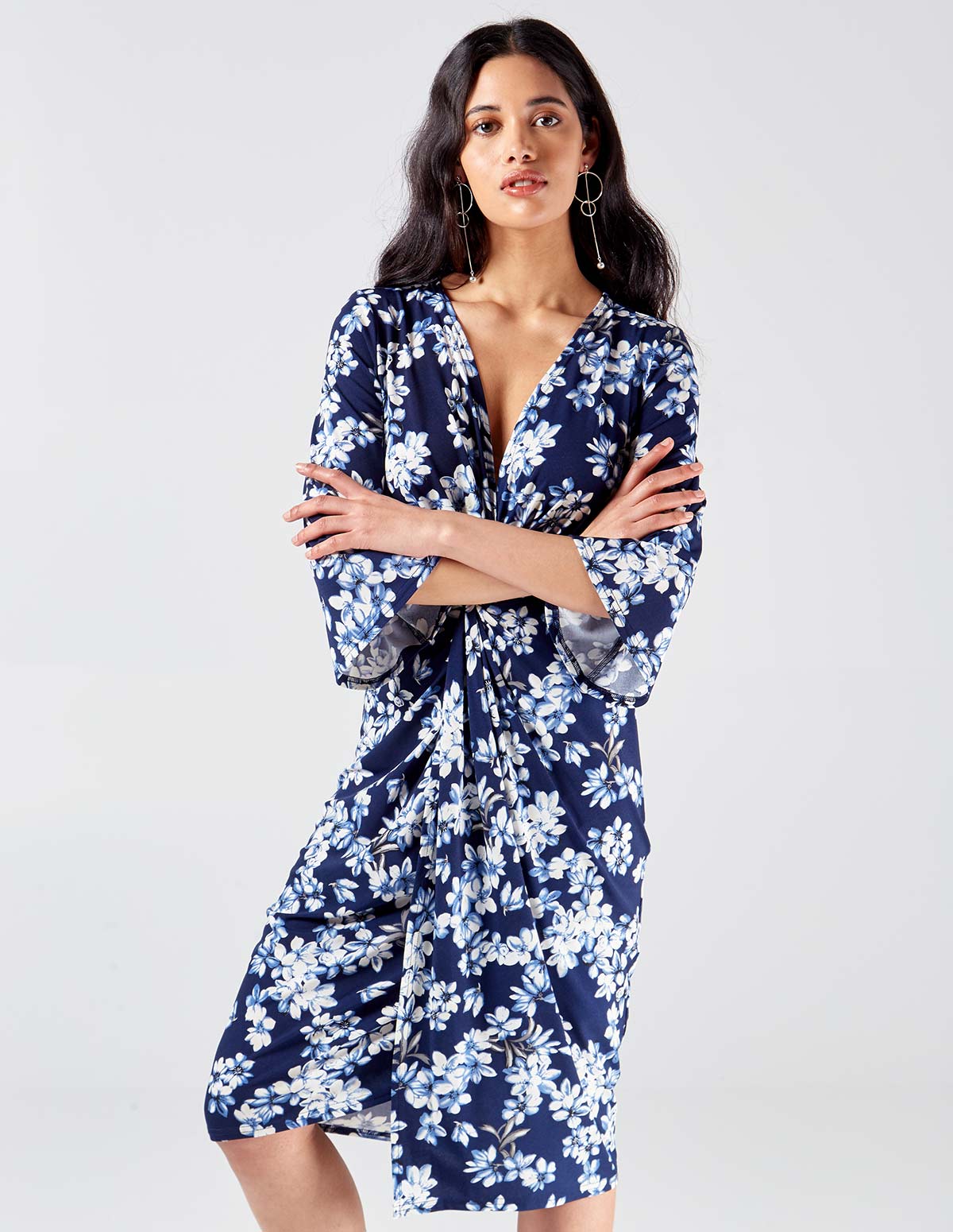 Twist Front Midi Floral Print Dress 