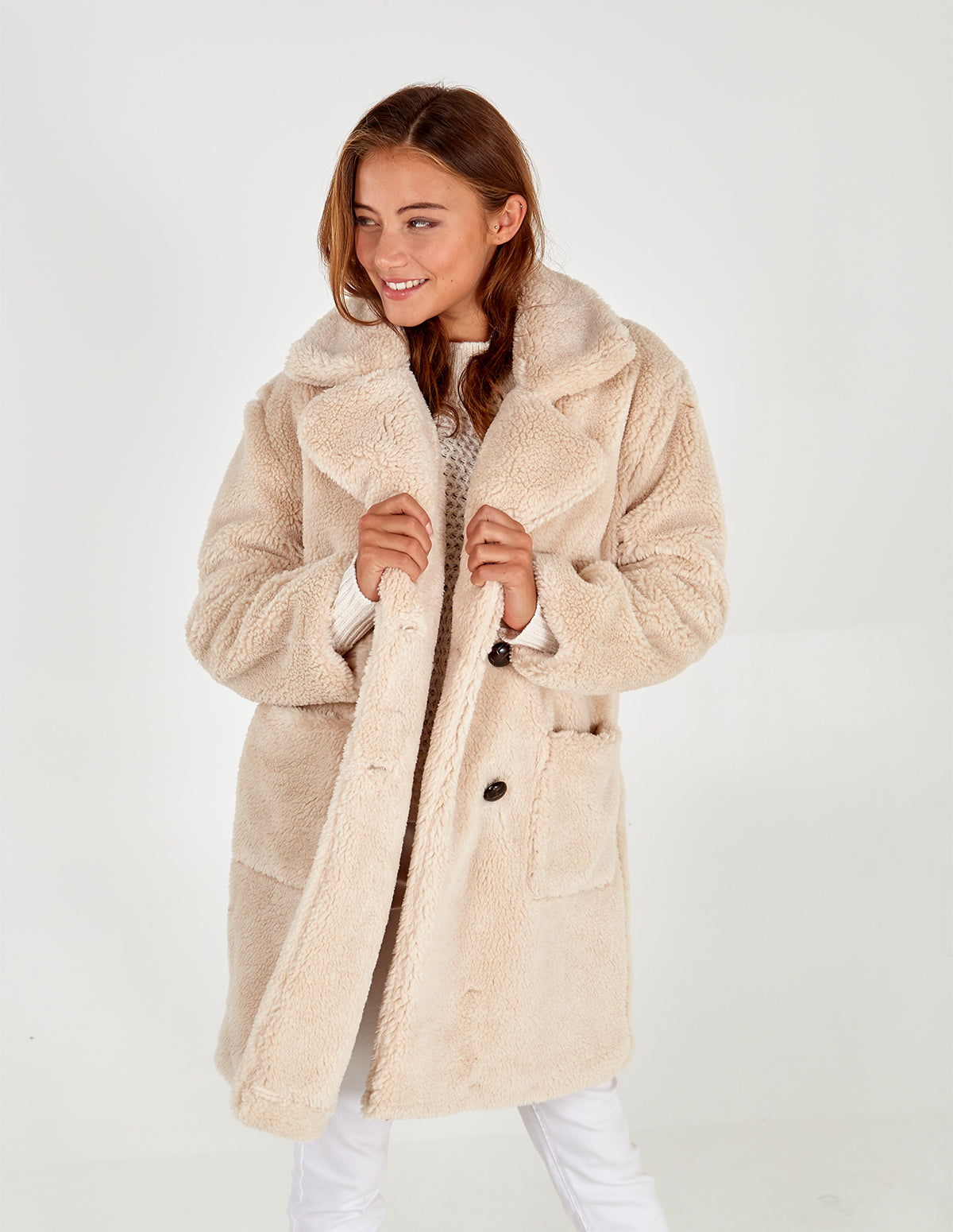 TILLY -  Cream Drop Shoulder Double Breasted Teddy Coat - 14 / stone