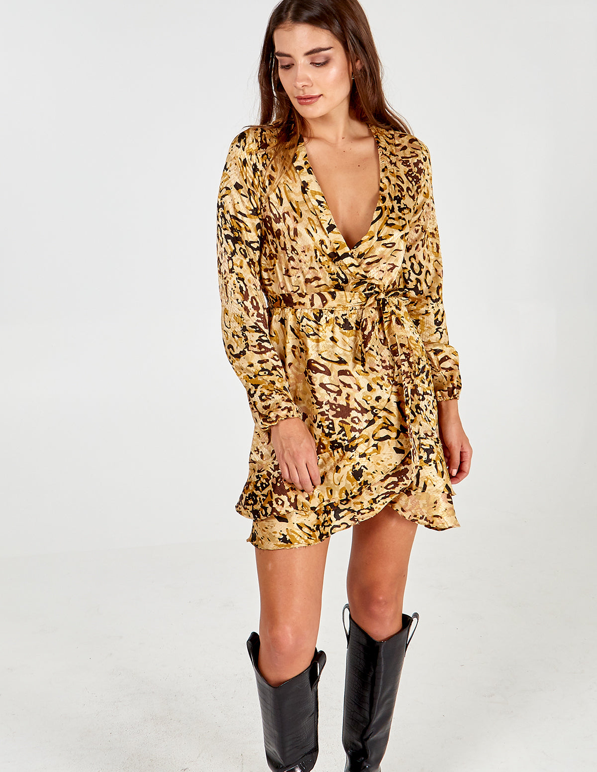 Animal Collared Wrap Dress 