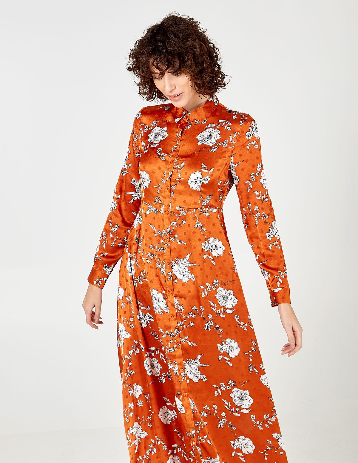 JULIETTE - Floral Spot Collar Maxi Shirt Dress - 12 / Rust
