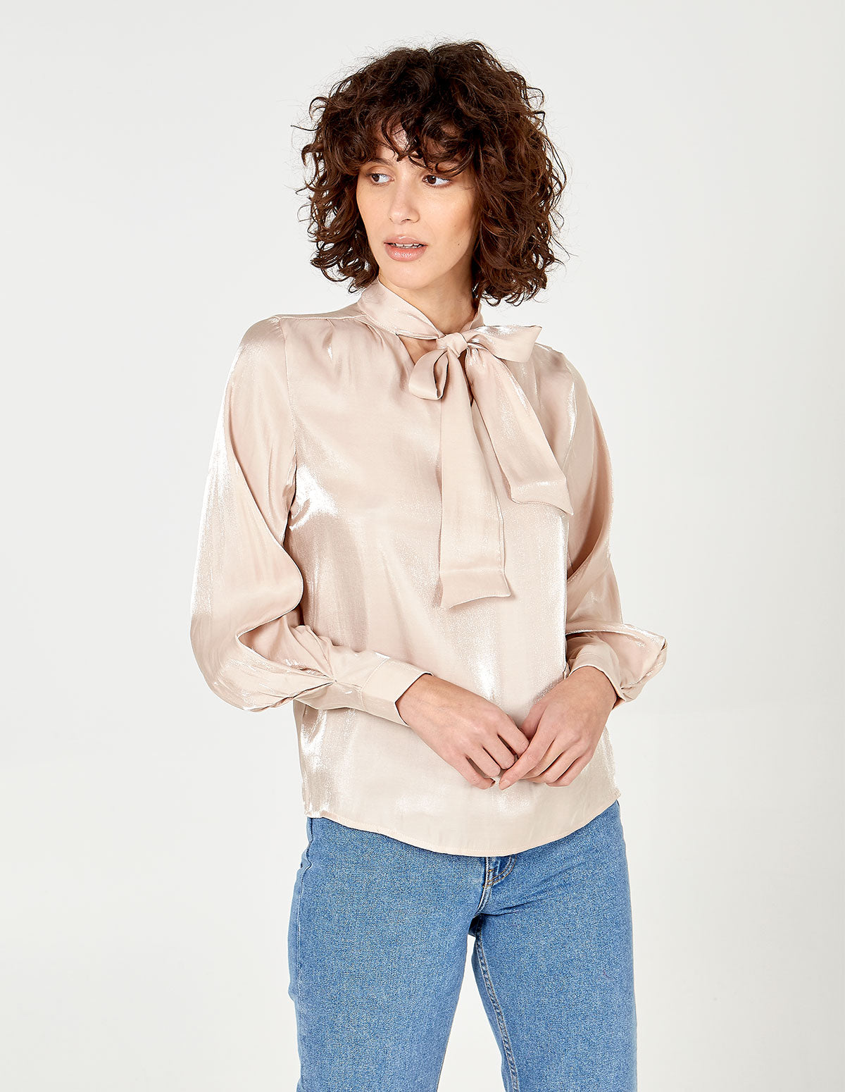 CHRISTINA - Tie Neck Balloon Sleeve Blouse - 10 / Champagne