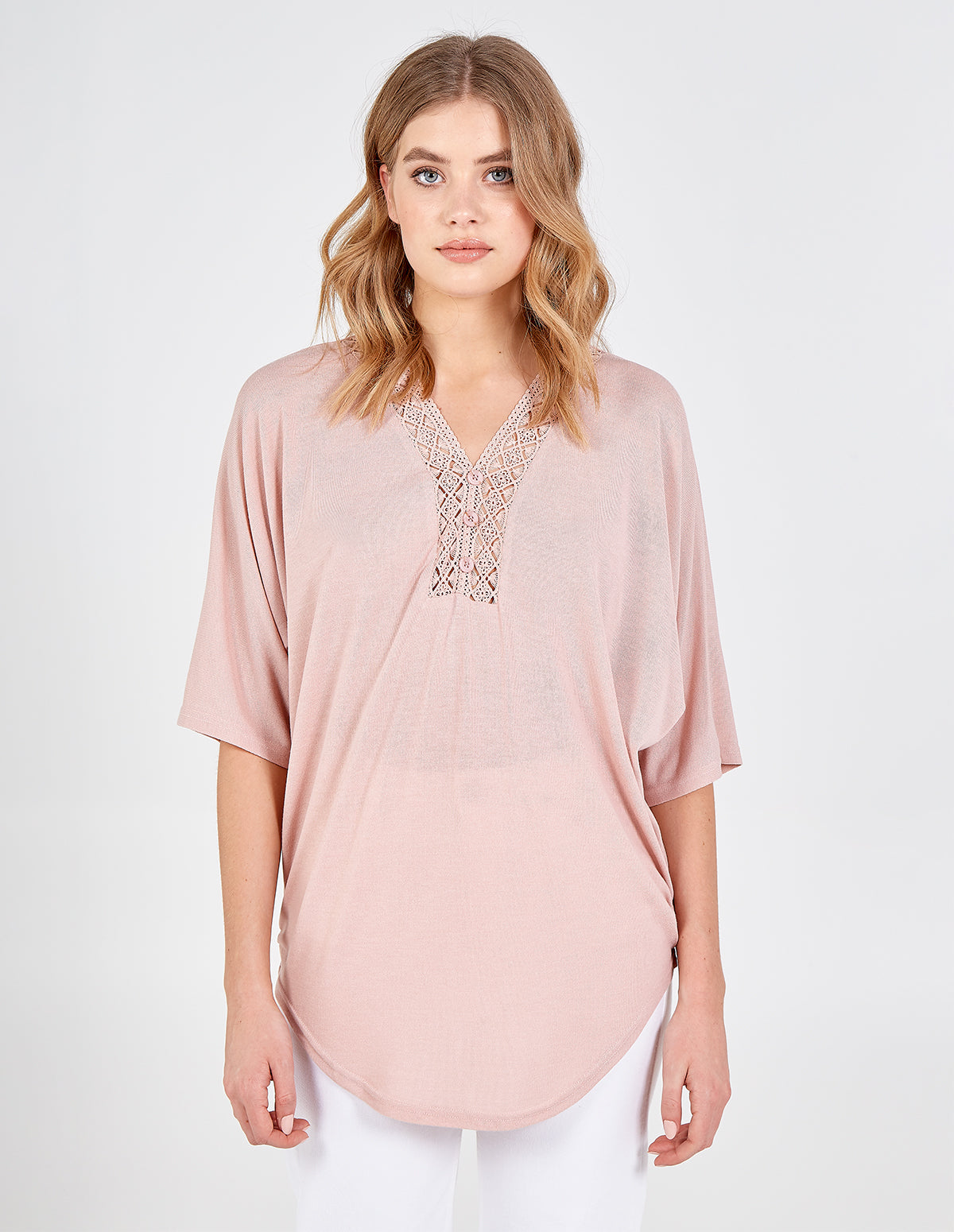 Lace Trim V Neck Button Top 