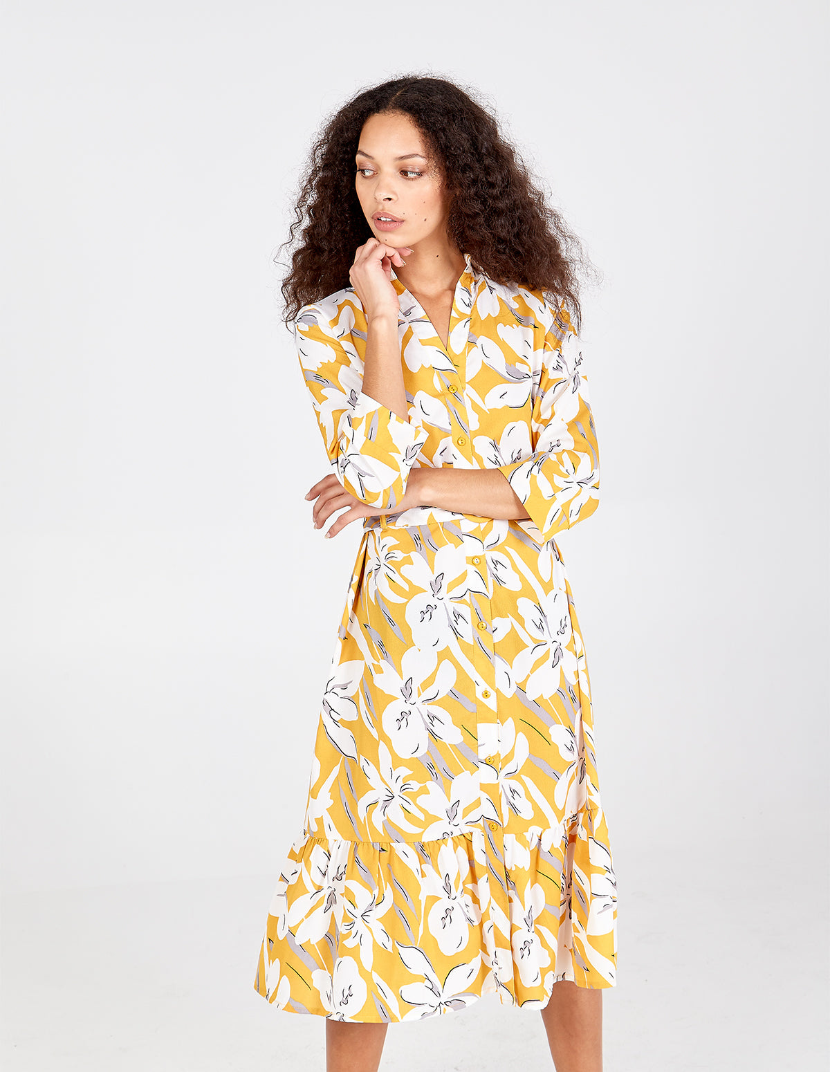 AURORA - Floral Belted Tiered Shirt Dress - 12 / Yellow